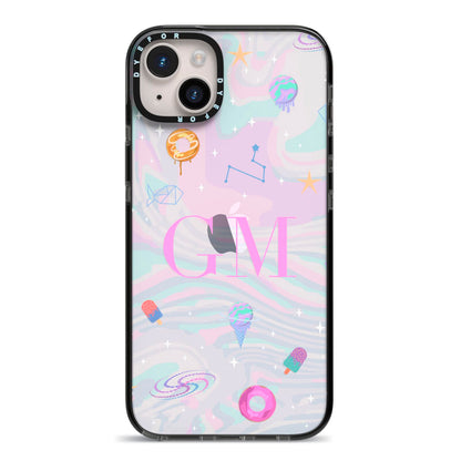 Inky Galactic Scene Personalised Initials iPhone 14 Plus Black Impact Case on Silver phone