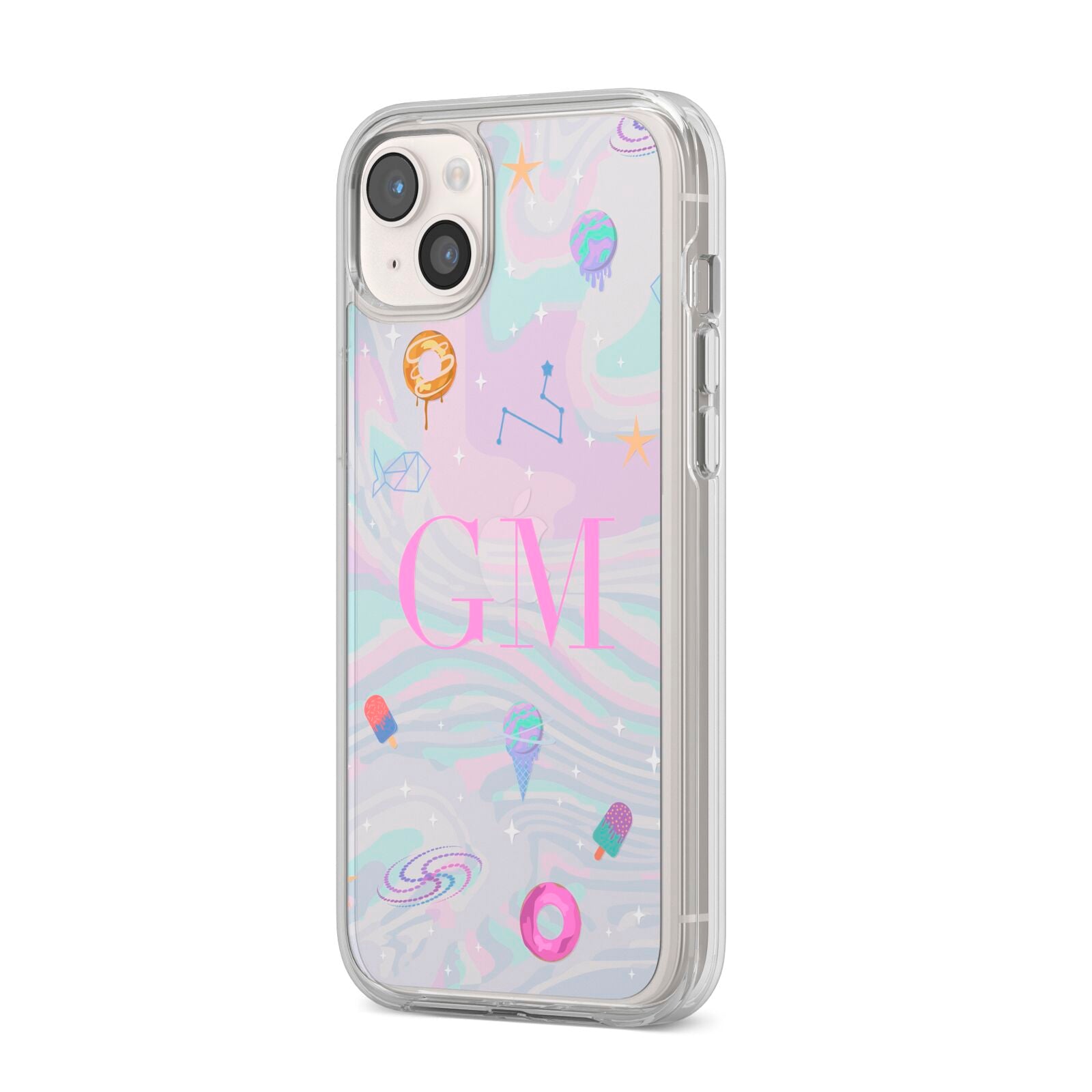 Inky Galactic Scene Personalised Initials iPhone 14 Plus Clear Tough Case Starlight Angled Image