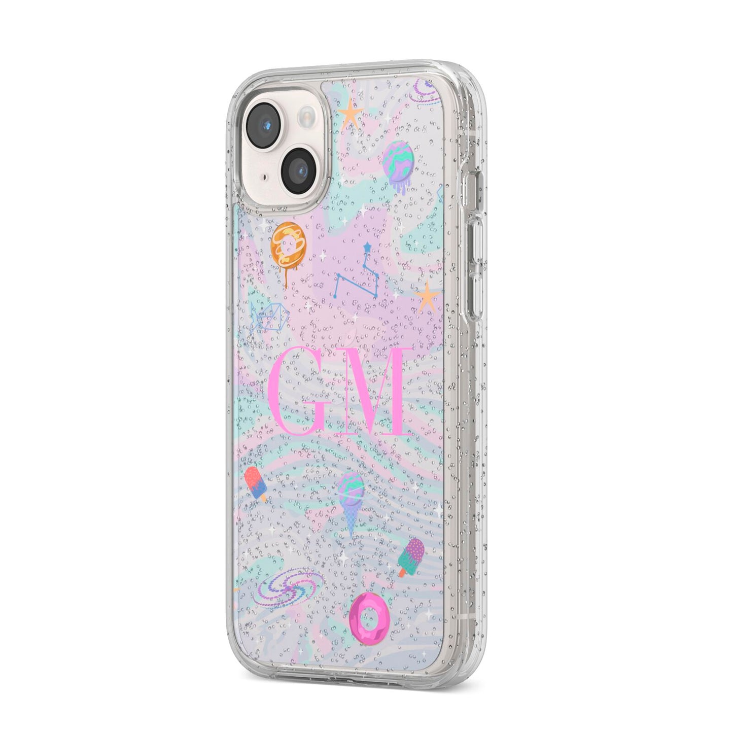 Inky Galactic Scene Personalised Initials iPhone 14 Plus Glitter Tough Case Starlight Angled Image