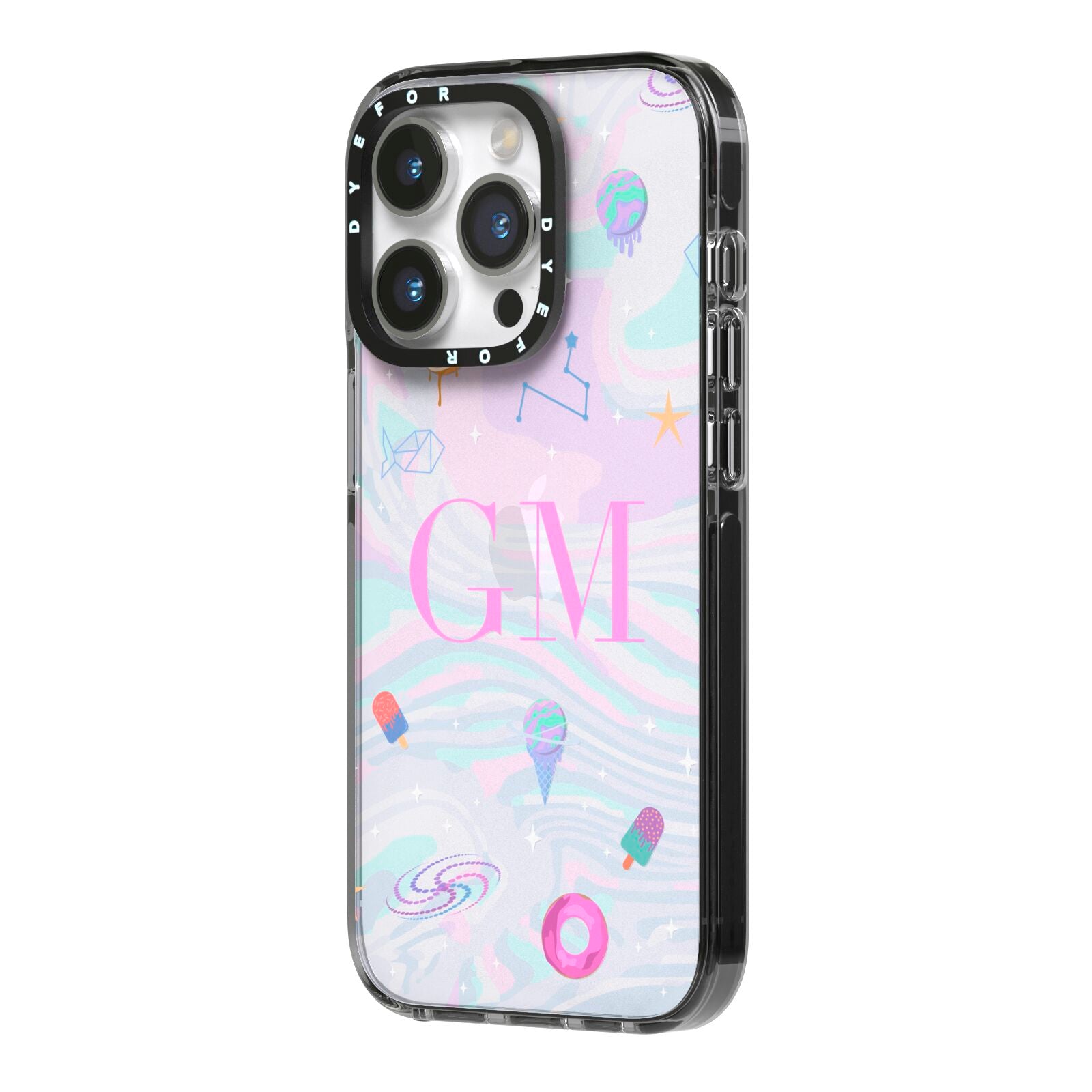 Inky Galactic Scene Personalised Initials iPhone 14 Pro Black Impact Case Side Angle on Silver phone