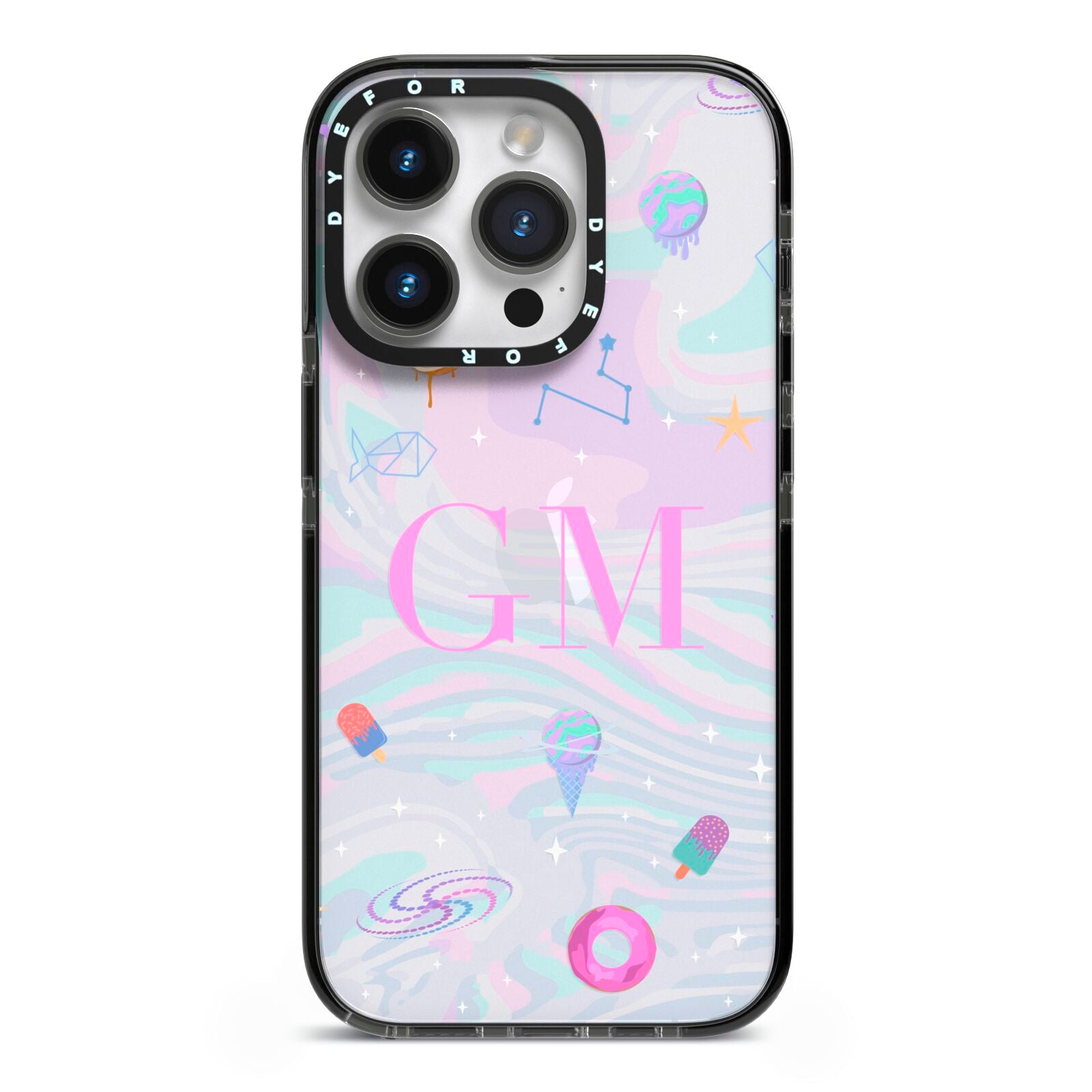 Inky Galactic Scene Personalised Initials iPhone 14 Pro Black Impact Case on Silver phone
