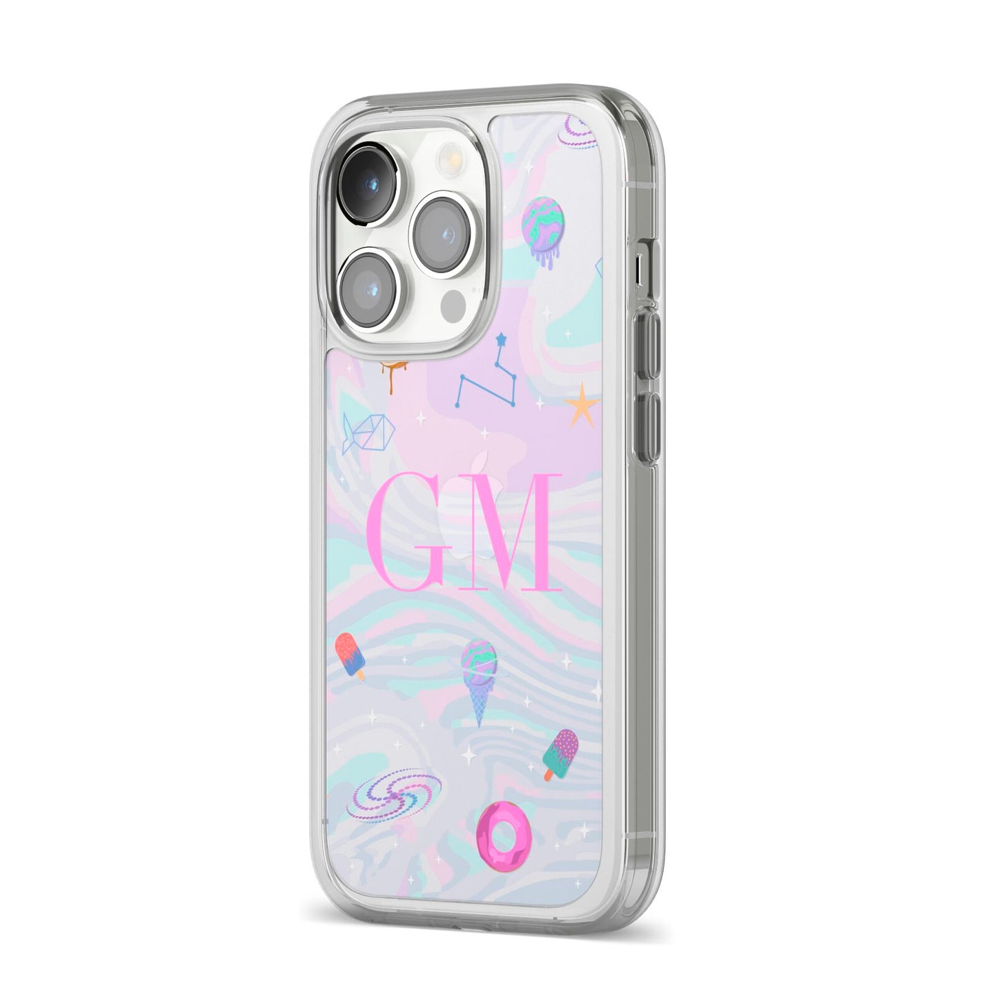 Inky Galactic Scene Personalised Initials iPhone 14 Pro Clear Tough Case Silver Angled Image