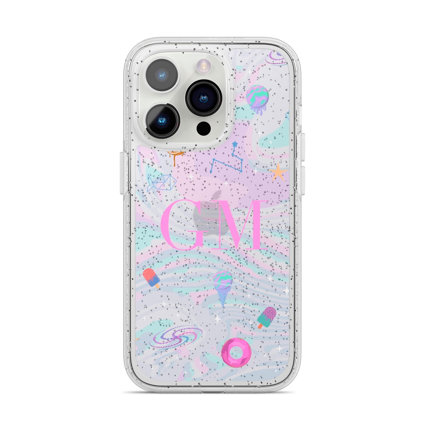 Inky Galactic Scene Personalised Initials iPhone 14 Pro Glitter Tough Case Silver