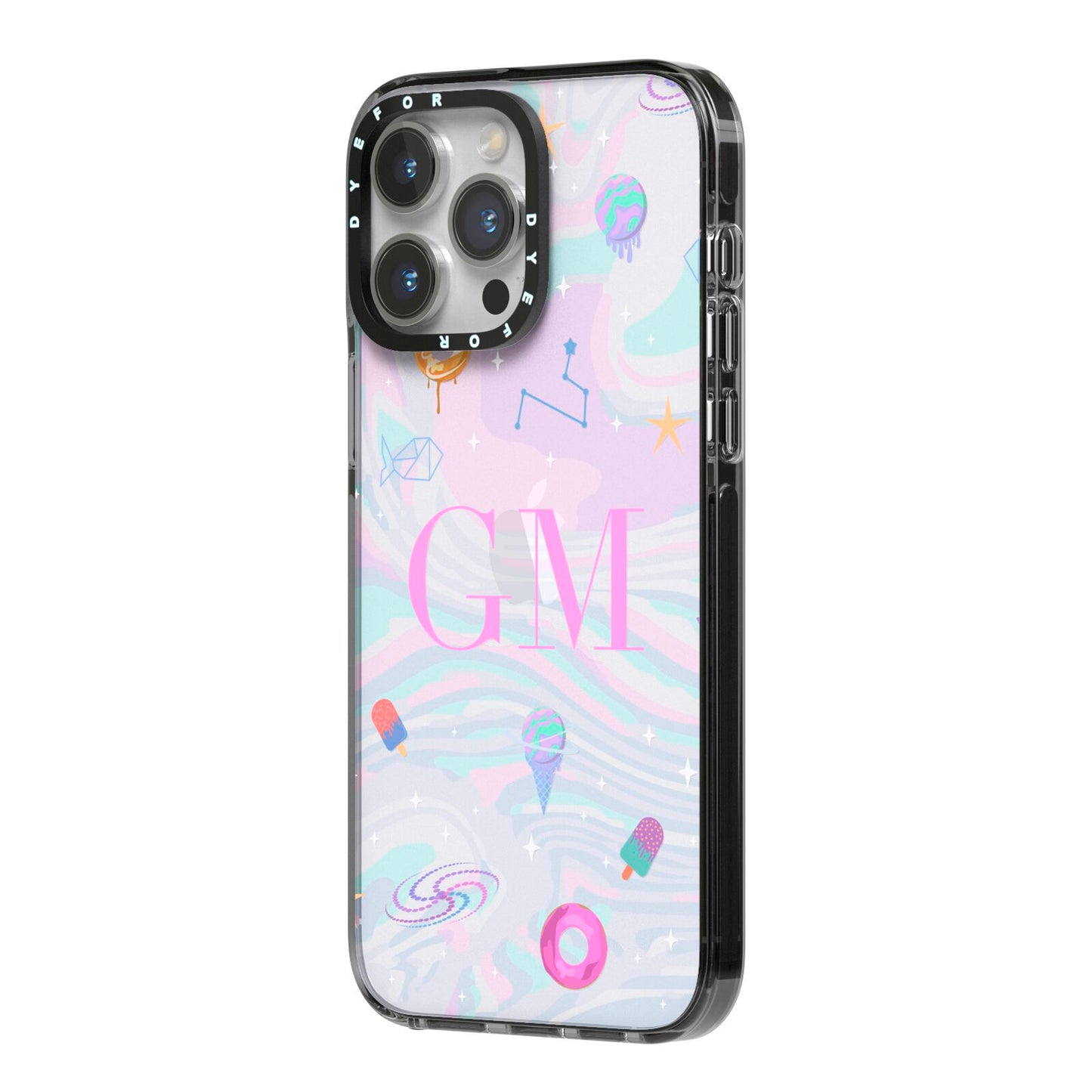 Inky Galactic Scene Personalised Initials iPhone 14 Pro Max Black Impact Case Side Angle on Silver phone