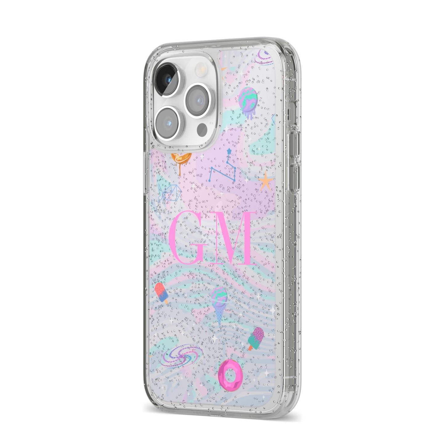 Inky Galactic Scene Personalised Initials iPhone 14 Pro Max Glitter Tough Case Silver Angled Image