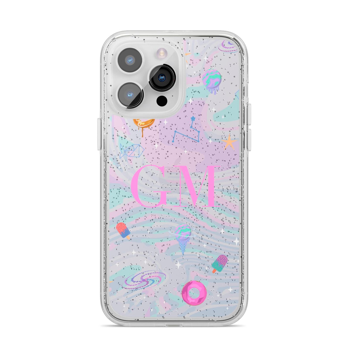 Inky Galactic Scene Personalised Initials iPhone 14 Pro Max Glitter Tough Case Silver