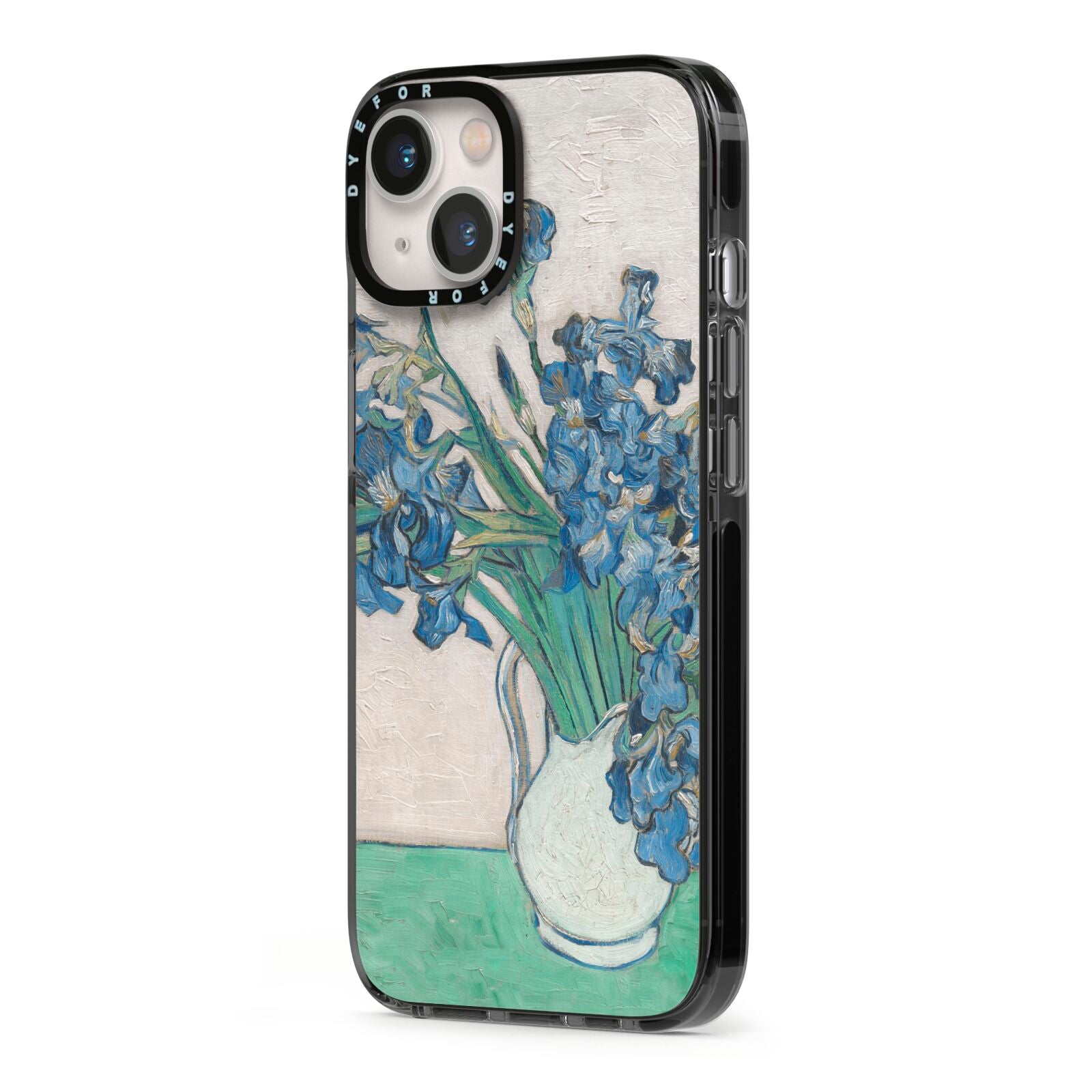 Irises By Vincent Van Gogh iPhone 13 Black Impact Case Side Angle on Silver phone