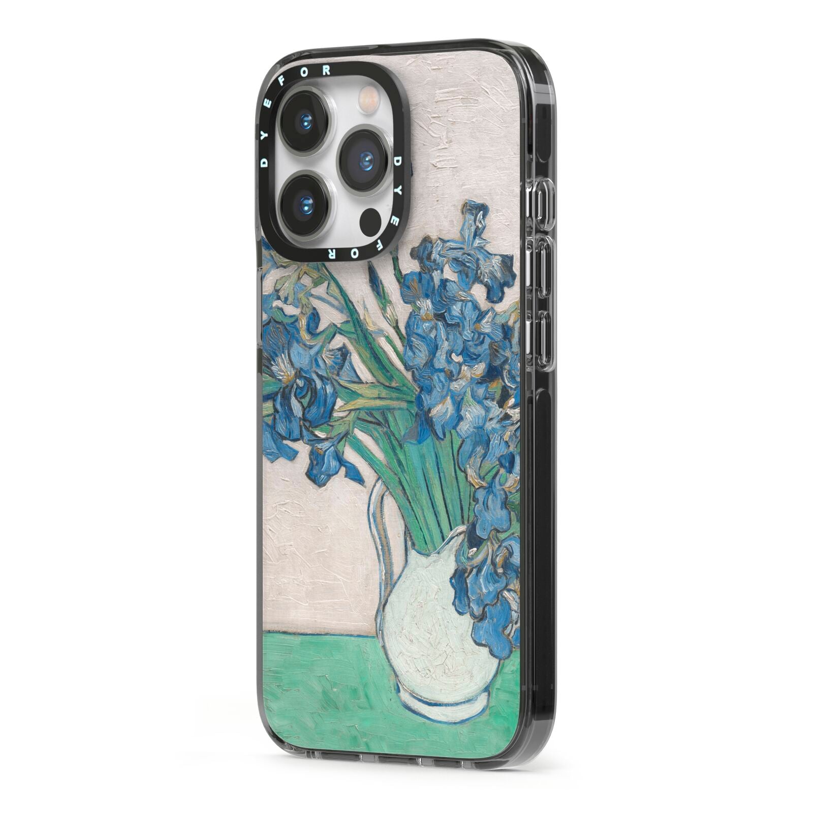 Irises By Vincent Van Gogh iPhone 13 Pro Black Impact Case Side Angle on Silver phone