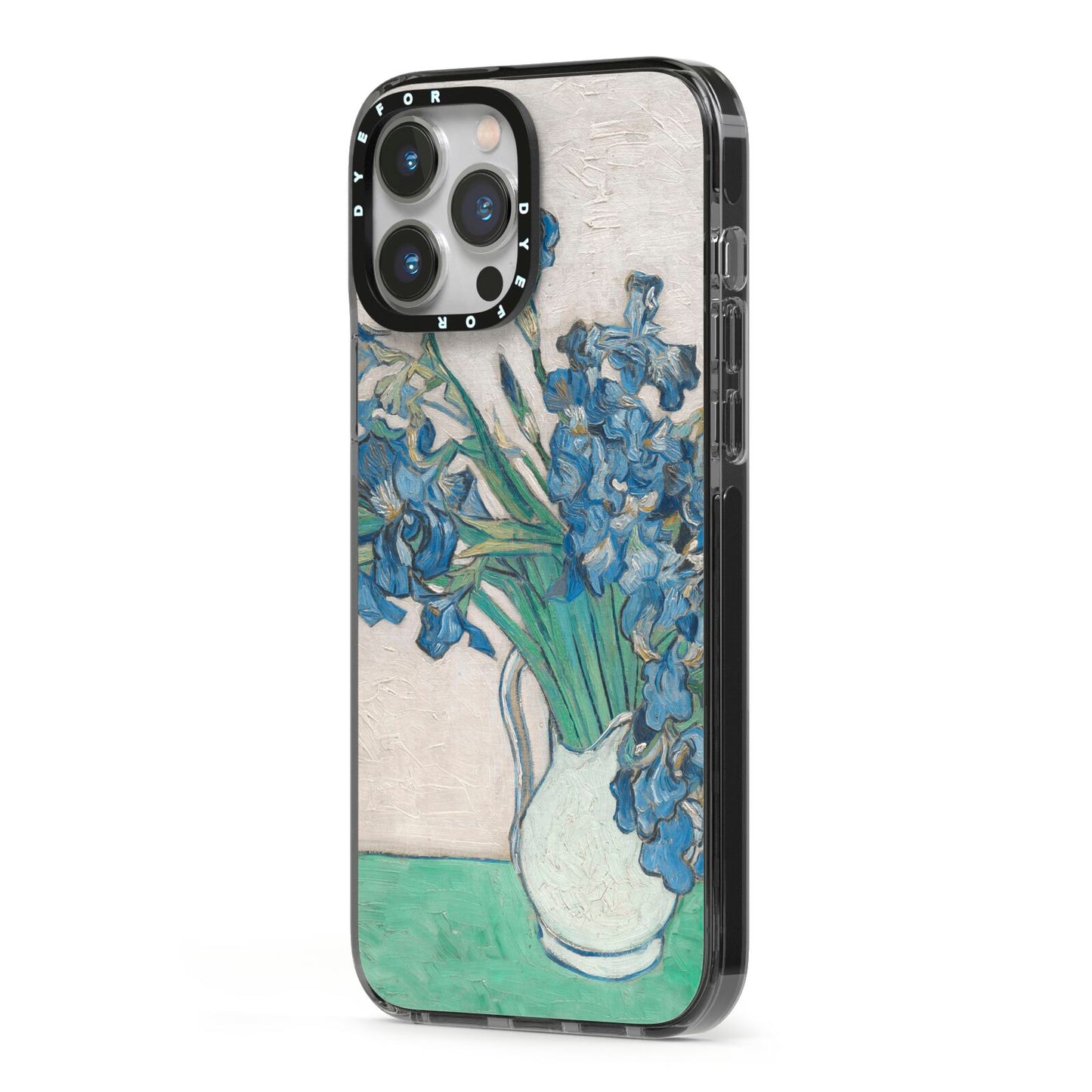 Irises By Vincent Van Gogh iPhone 13 Pro Max Black Impact Case Side Angle on Silver phone