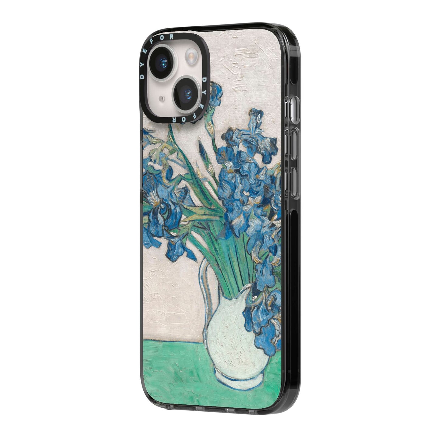 Irises By Vincent Van Gogh iPhone 14 Black Impact Case Side Angle on Silver phone