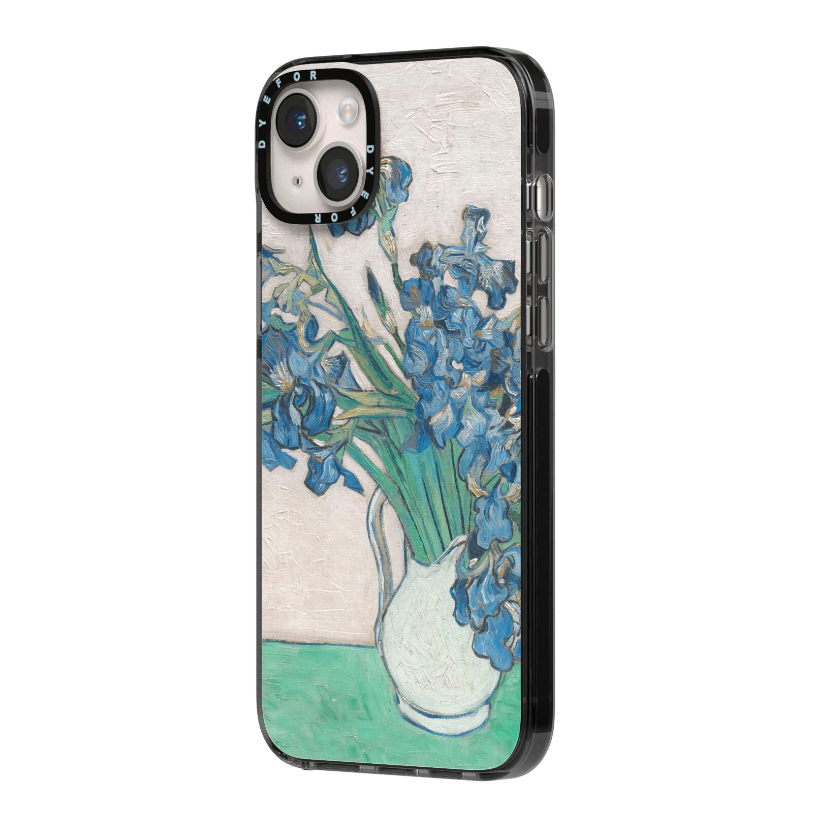 Irises By Vincent Van Gogh iPhone 14 Plus Black Impact Case Side Angle on Silver phone