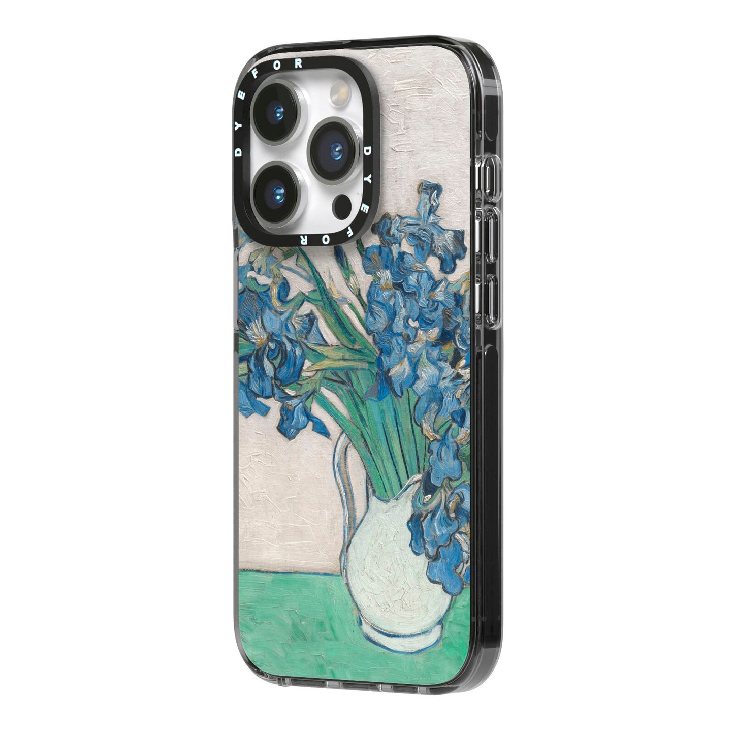 Irises By Vincent Van Gogh iPhone 14 Pro Black Impact Case Side Angle on Silver phone