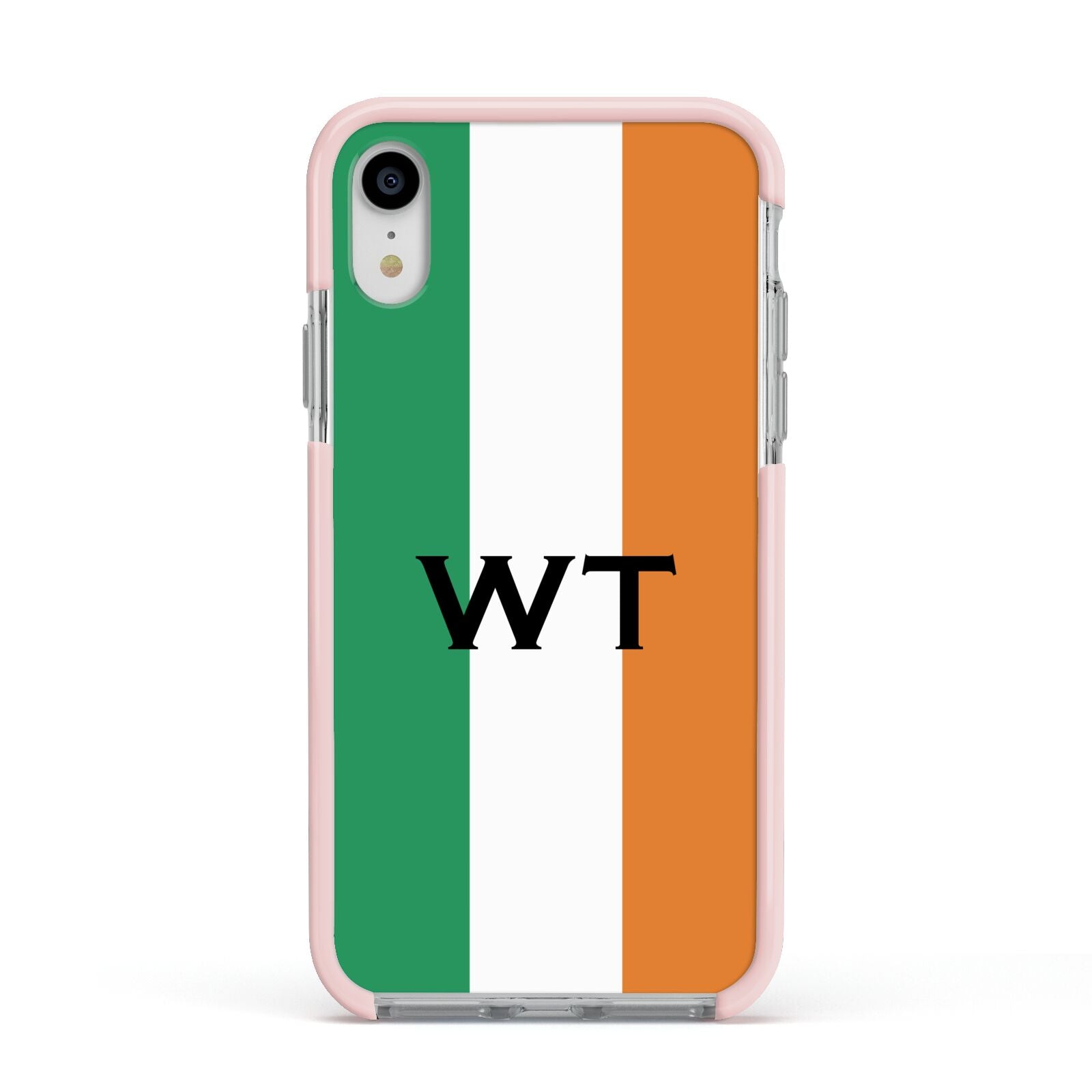Irish Colours Personalised Initials Apple iPhone XR Impact Case Pink Edge on Silver Phone