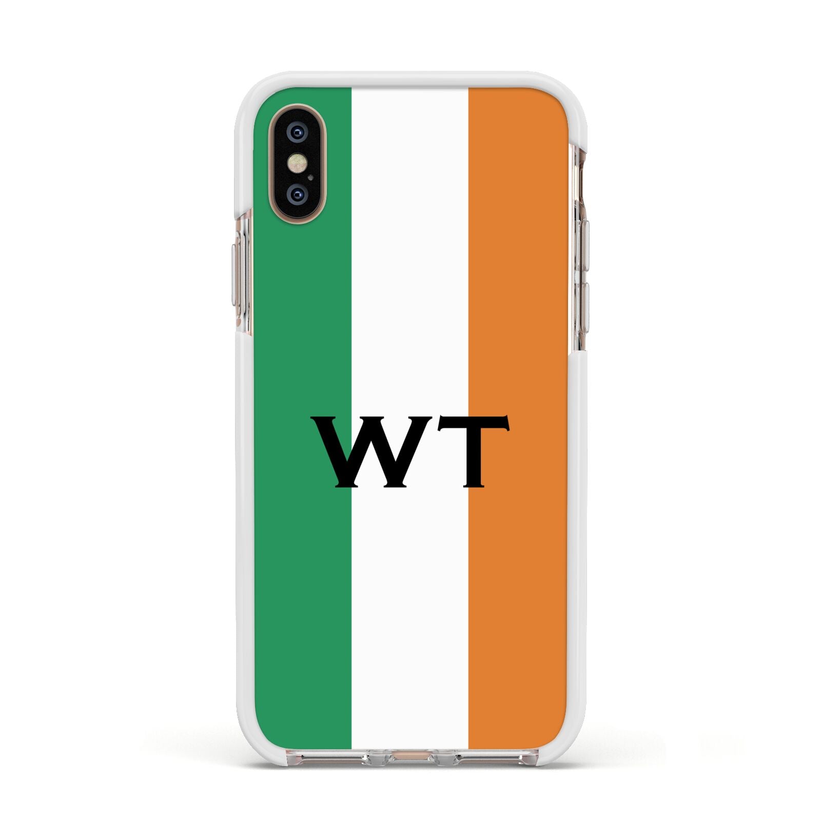 Irish Colours Personalised Initials Apple iPhone Xs Impact Case White Edge on Gold Phone