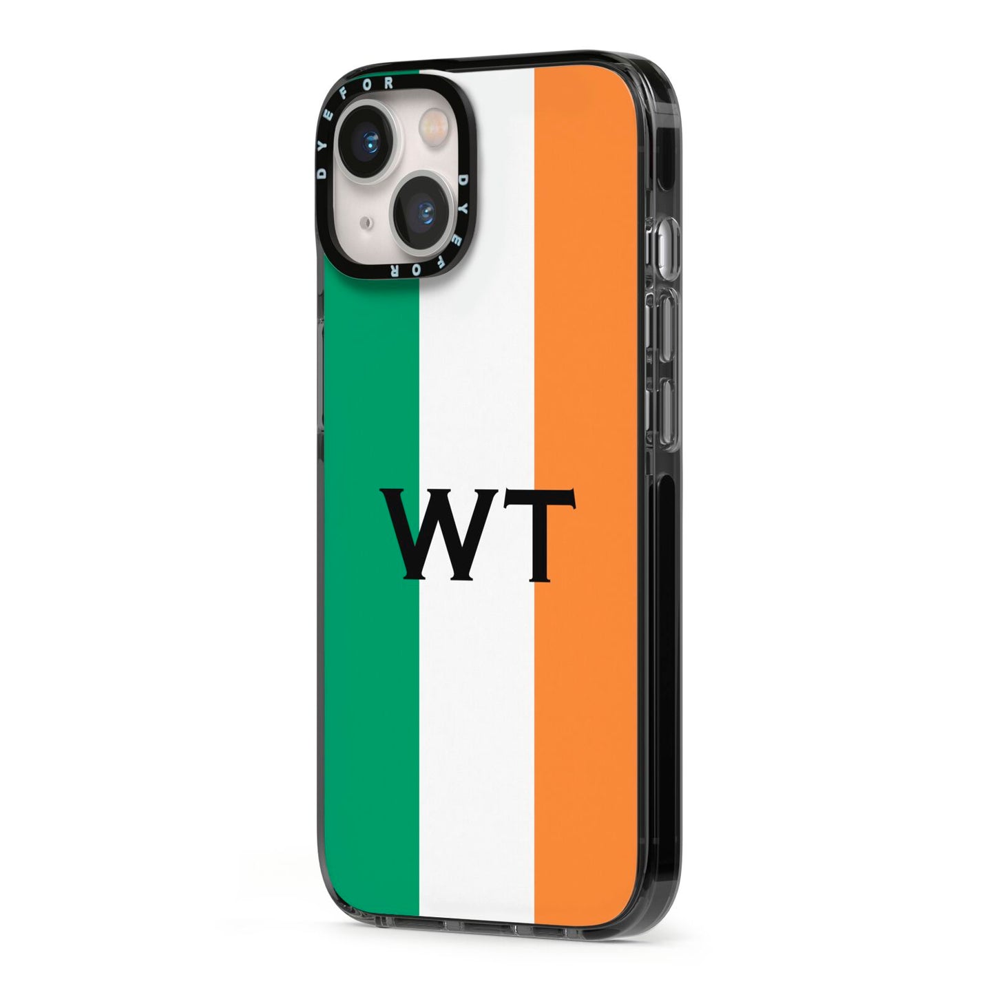 Irish Colours Personalised Initials iPhone 13 Black Impact Case Side Angle on Silver phone