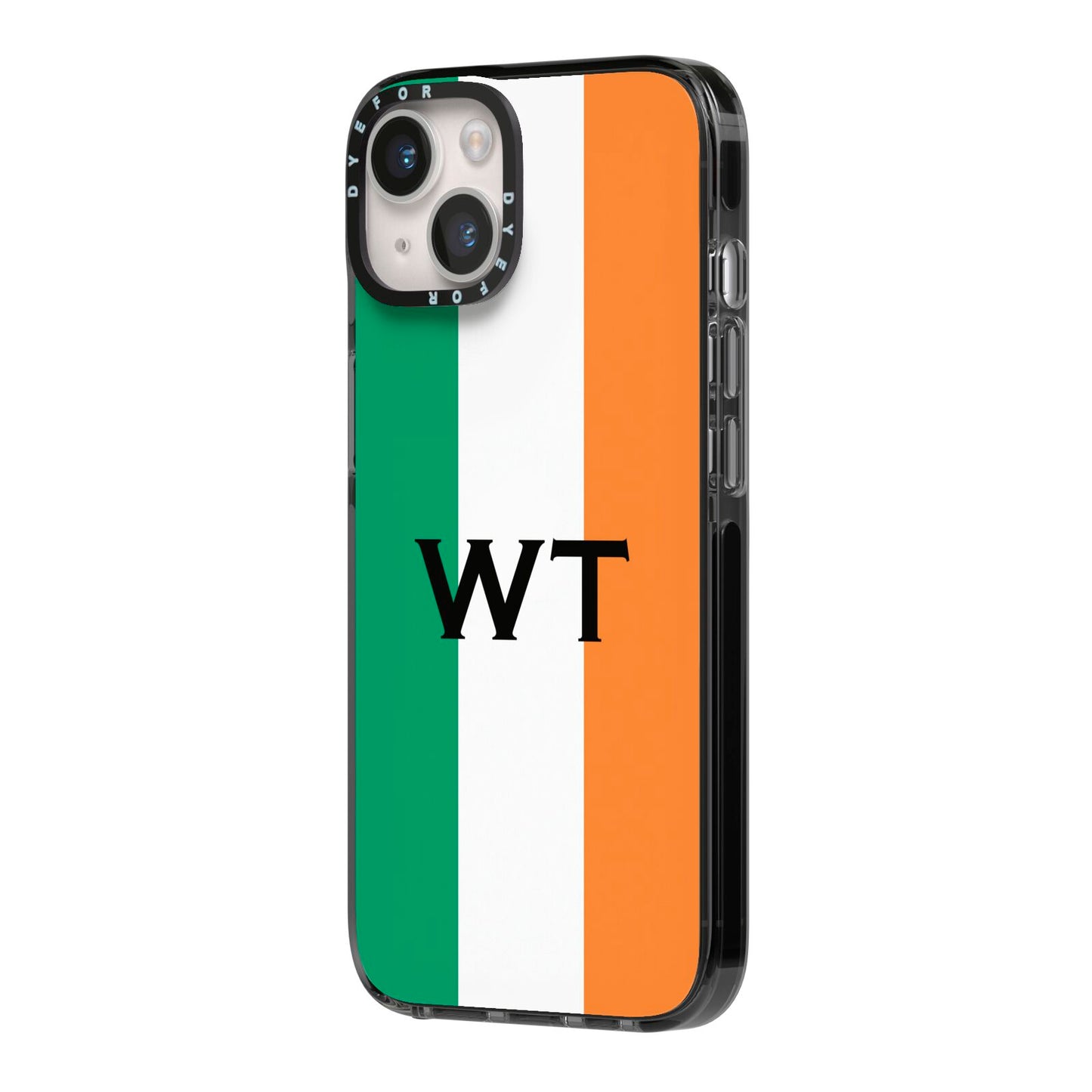 Irish Colours Personalised Initials iPhone 14 Black Impact Case Side Angle on Silver phone