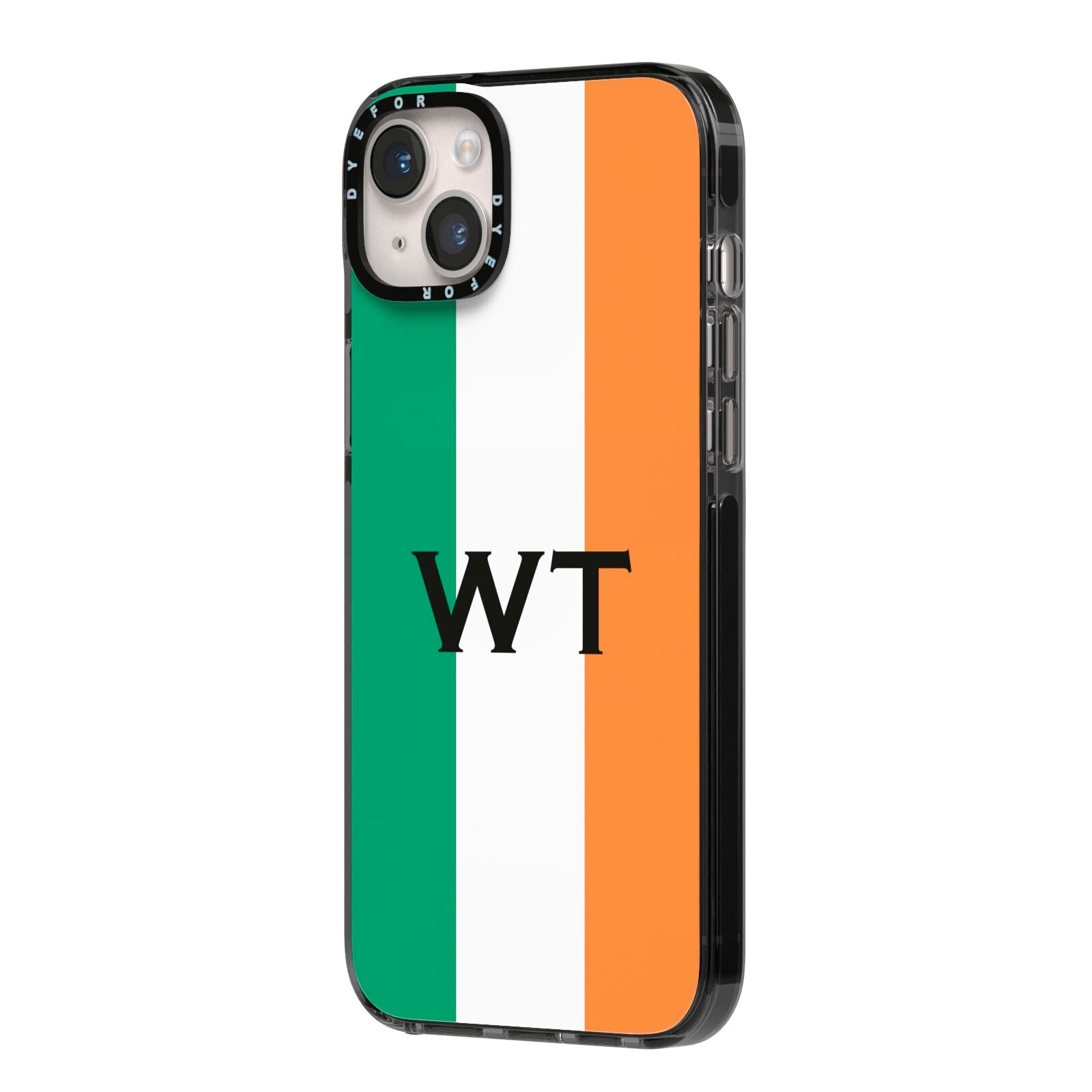 Irish Colours Personalised Initials iPhone 14 Plus Black Impact Case Side Angle on Silver phone