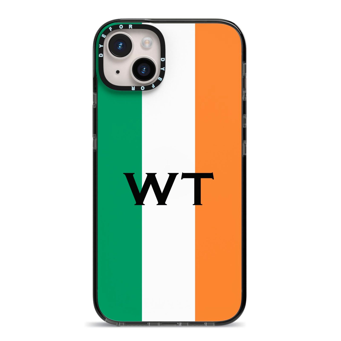 Irish Colours Personalised Initials iPhone 14 Plus Black Impact Case on Silver phone