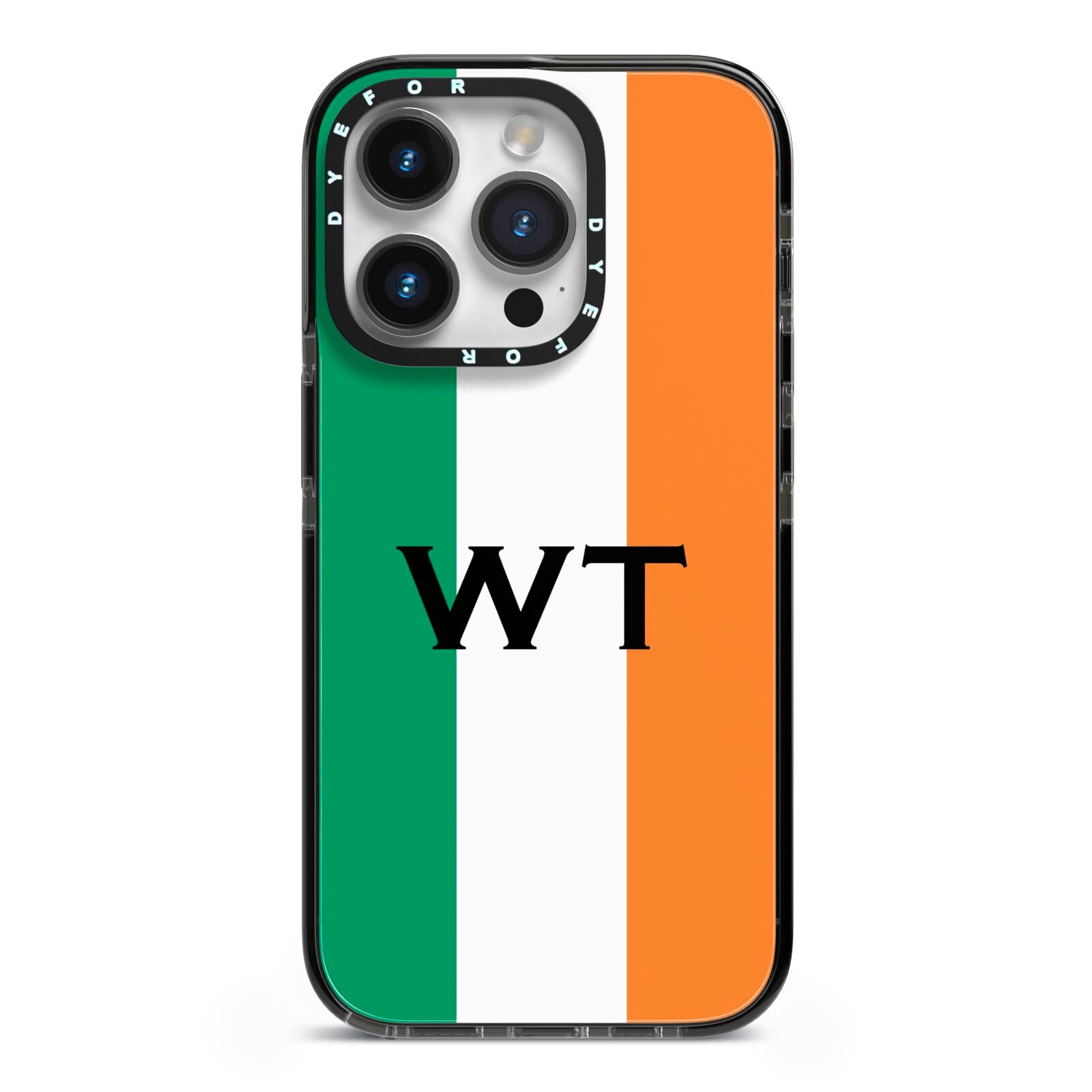 Irish Colours Personalised Initials iPhone 14 Pro Black Impact Case on Silver phone