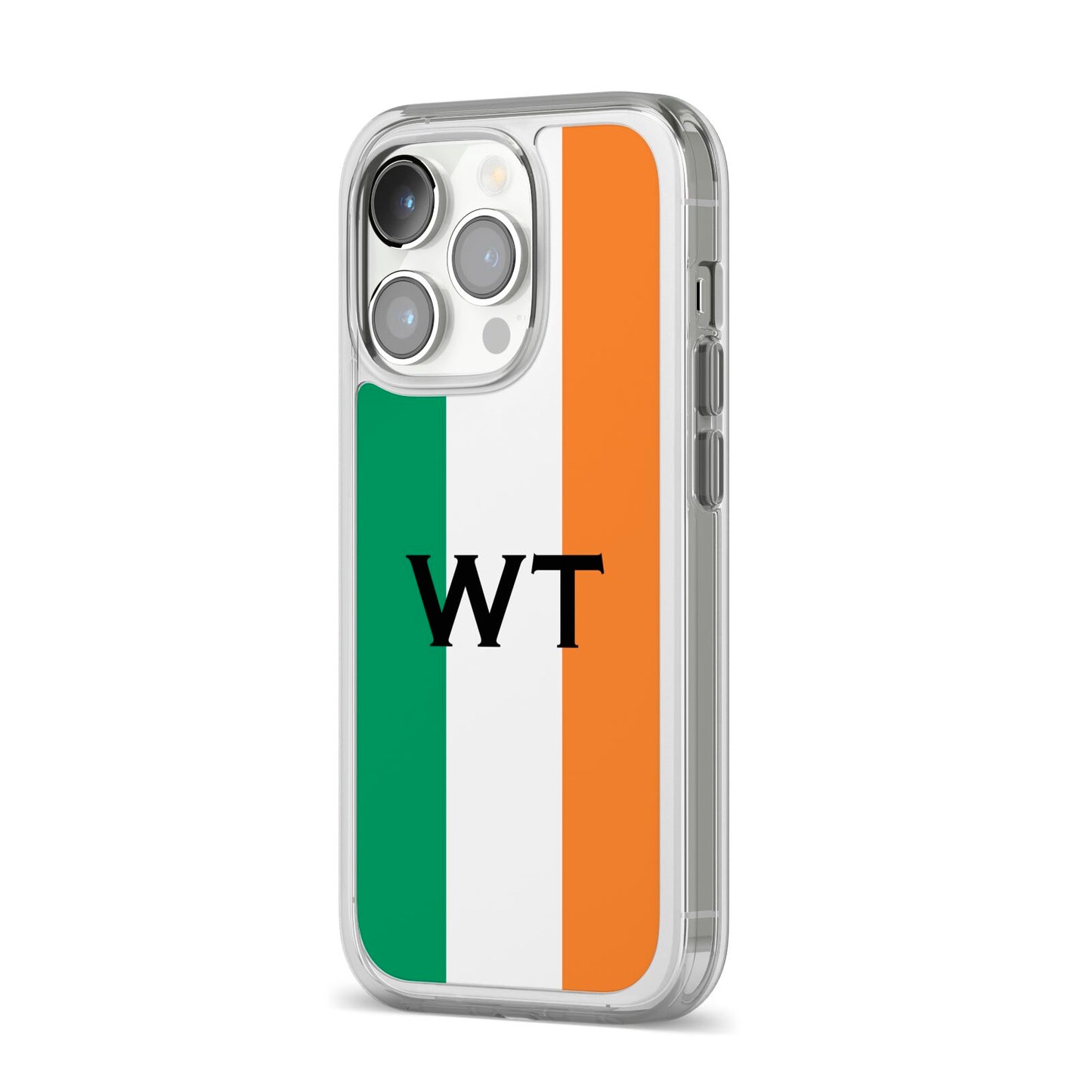 Irish Colours Personalised Initials iPhone 14 Pro Clear Tough Case Silver Angled Image