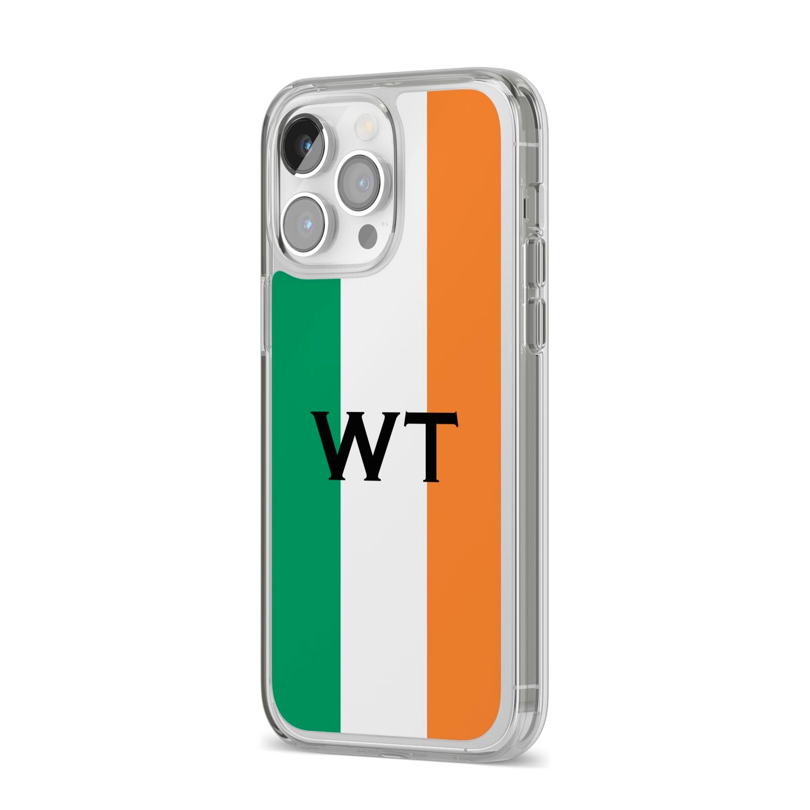 Irish Colours Personalised Initials iPhone 14 Pro Max Clear Tough Case Silver Angled Image