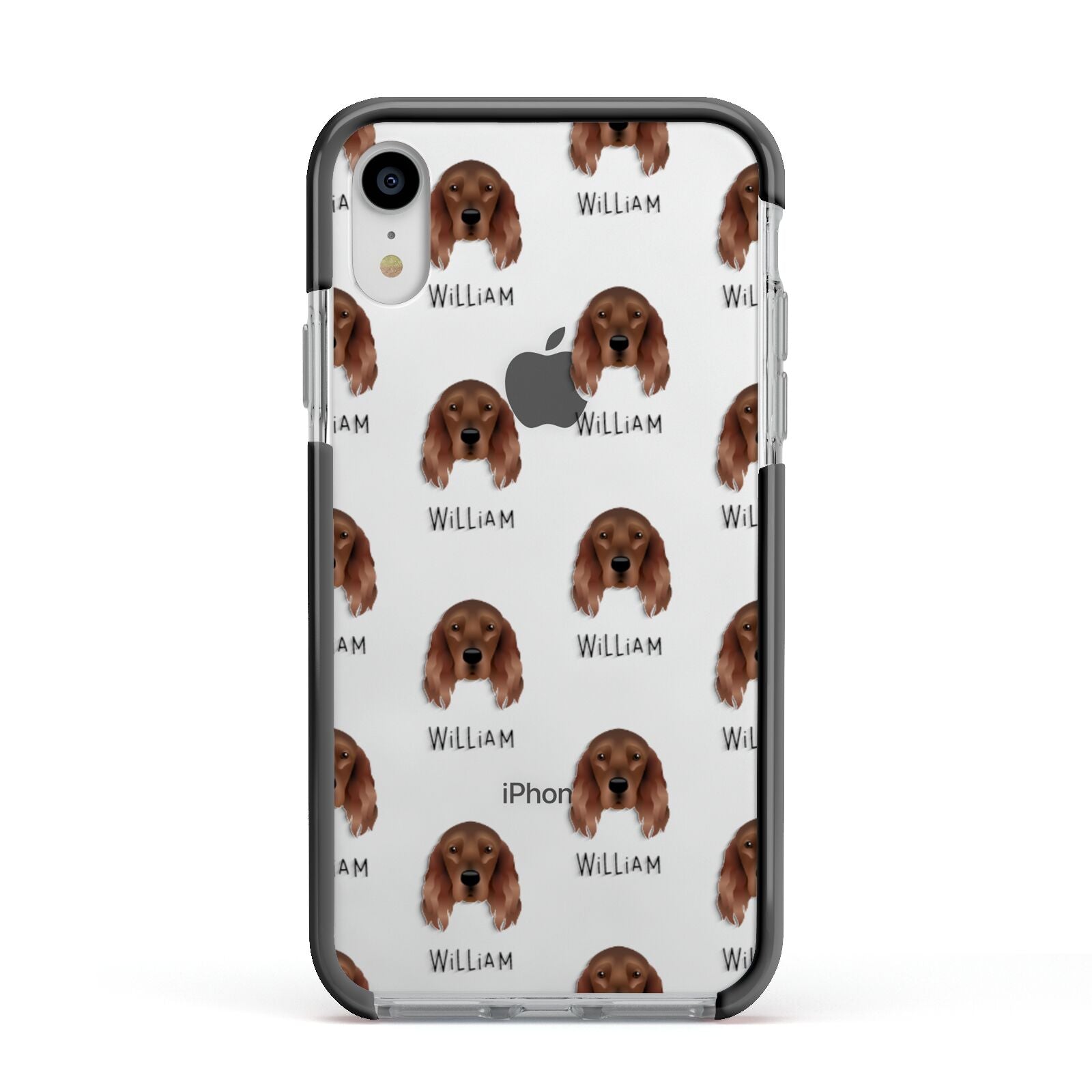 Irish Setter Icon with Name Apple iPhone XR Impact Case Black Edge on Silver Phone