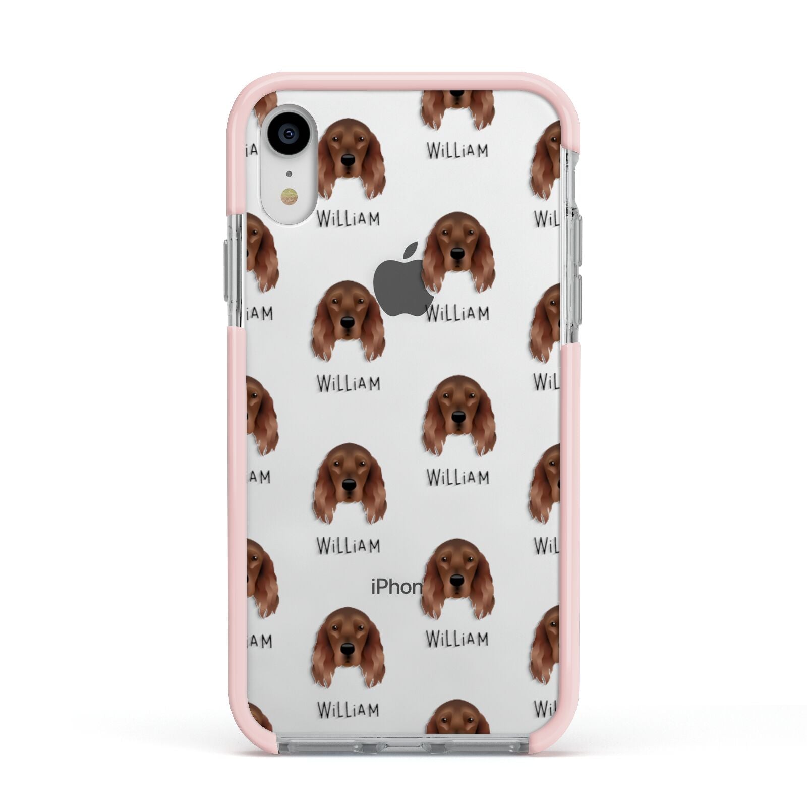 Irish Setter Icon with Name Apple iPhone XR Impact Case Pink Edge on Silver Phone