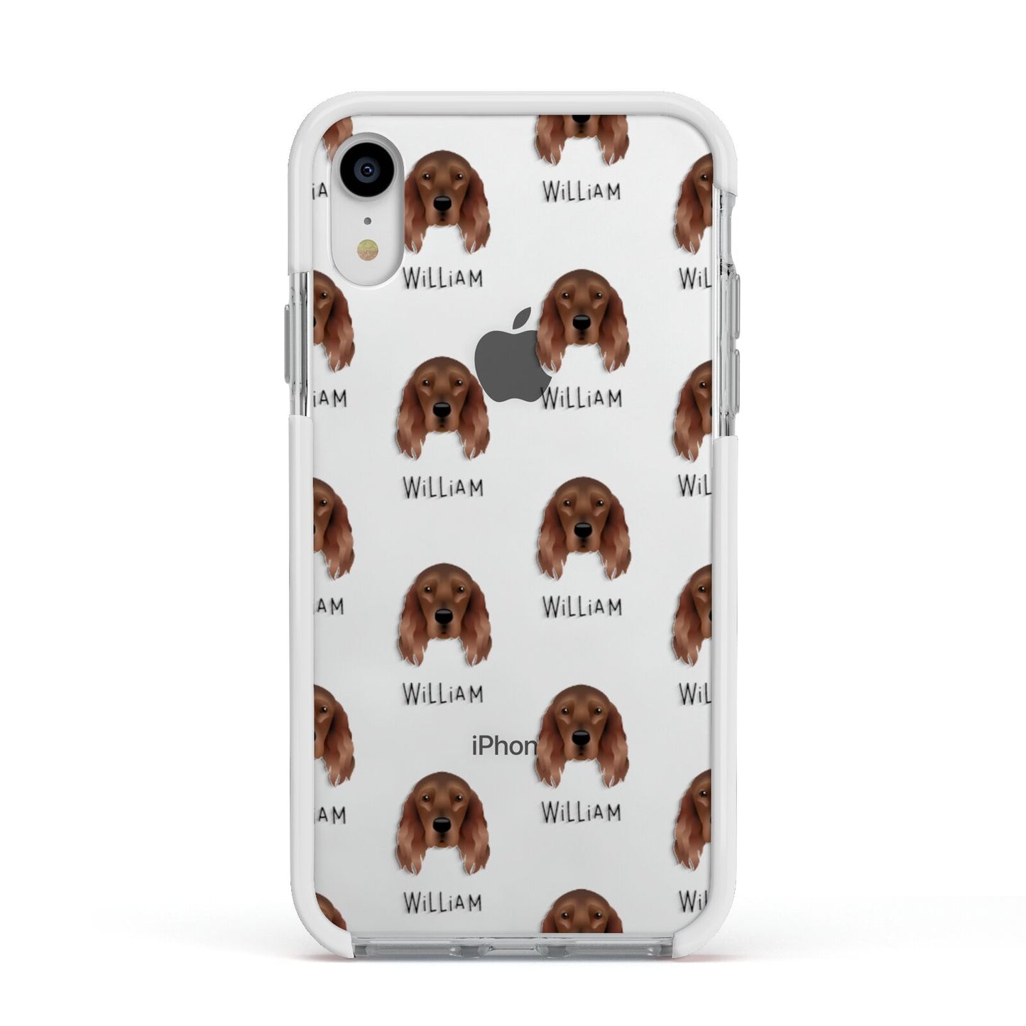 Irish Setter Icon with Name Apple iPhone XR Impact Case White Edge on Silver Phone
