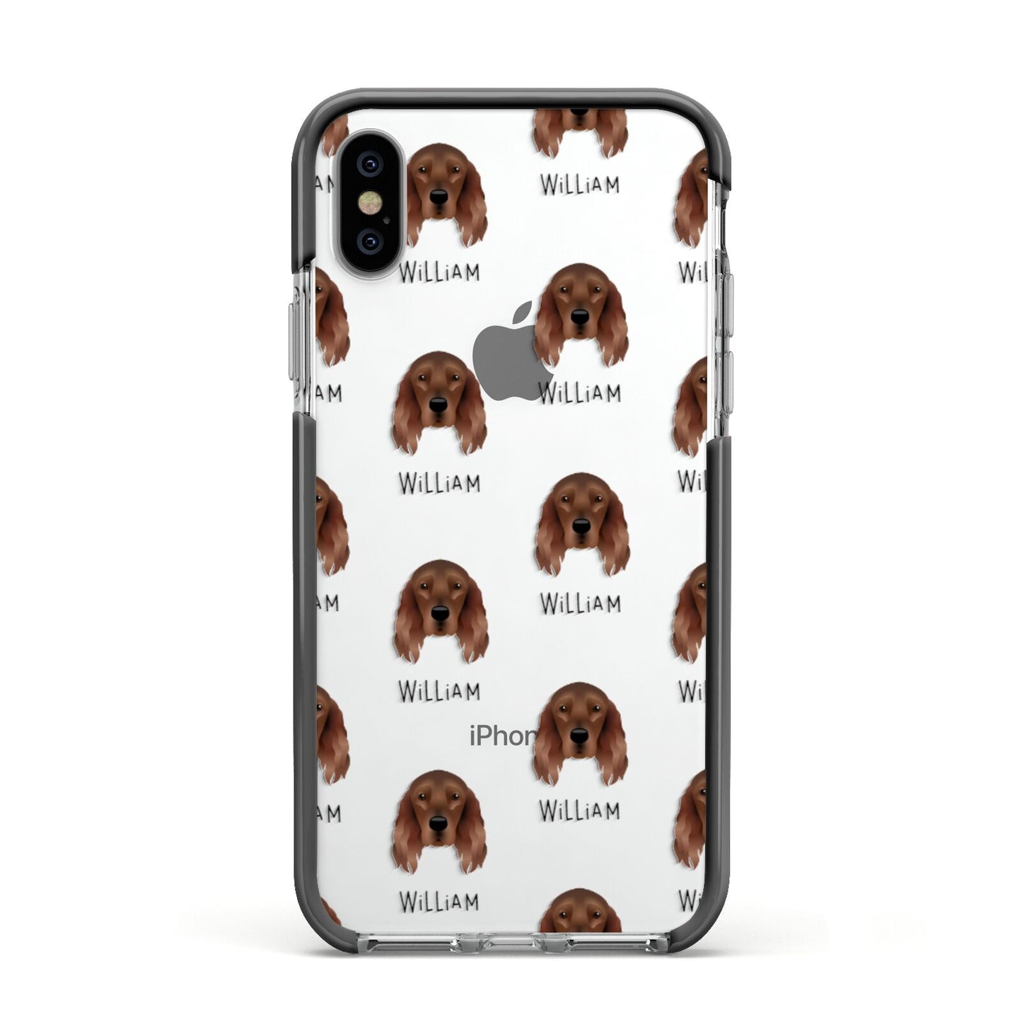 Irish Setter Icon with Name Apple iPhone Xs Impact Case Black Edge on Silver Phone