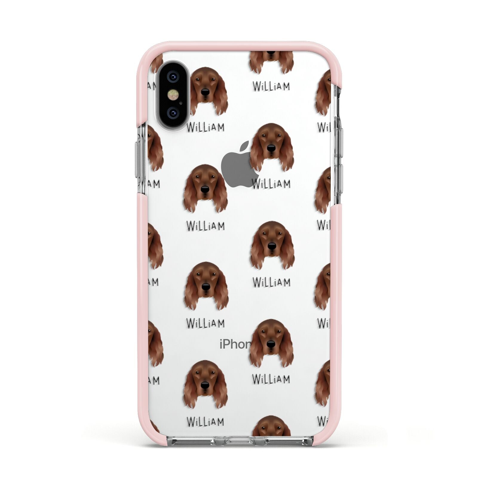 Irish Setter Icon with Name Apple iPhone Xs Impact Case Pink Edge on Silver Phone
