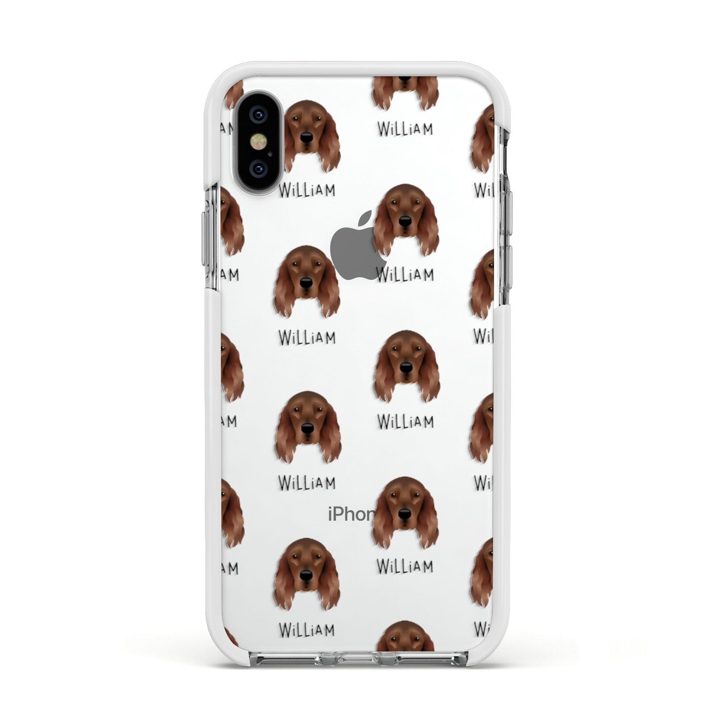 Irish Setter Icon with Name Apple iPhone Xs Impact Case White Edge on Silver Phone