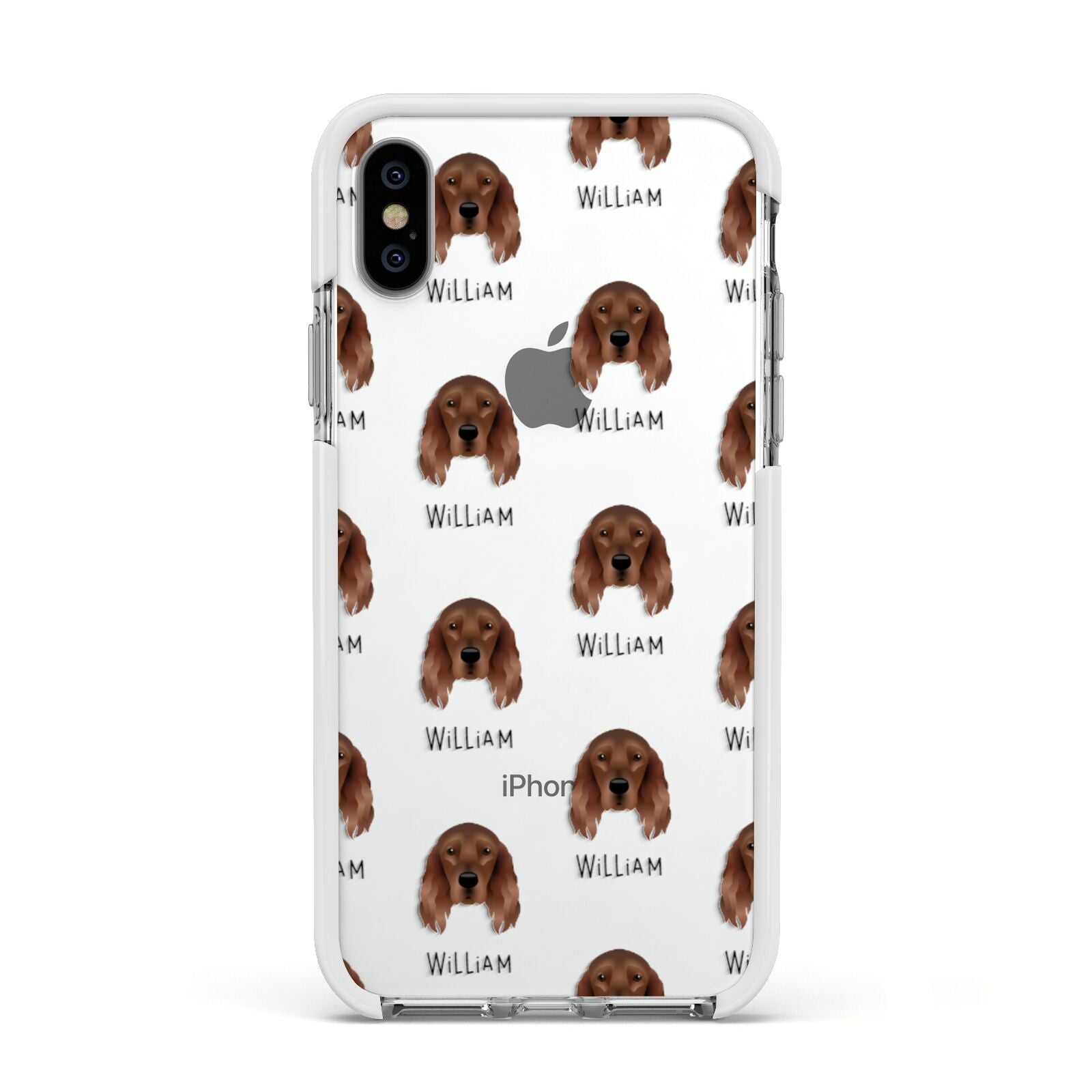 Irish Setter Icon with Name Apple iPhone Xs Impact Case White Edge on Silver Phone