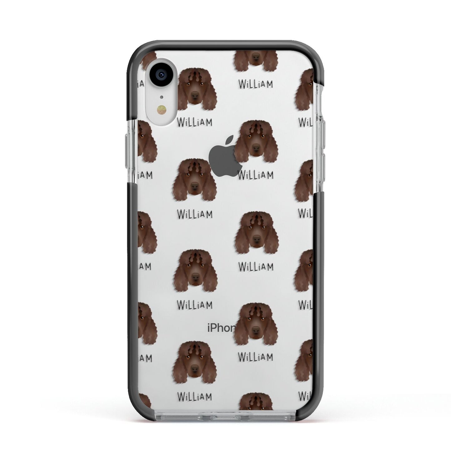 Irish Water Spaniel Icon with Name Apple iPhone XR Impact Case Black Edge on Silver Phone