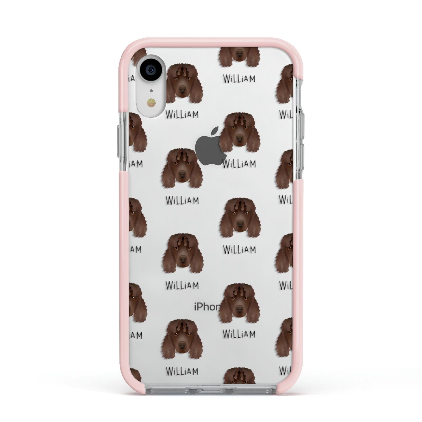 Irish Water Spaniel Icon with Name Apple iPhone XR Impact Case Pink Edge on Silver Phone