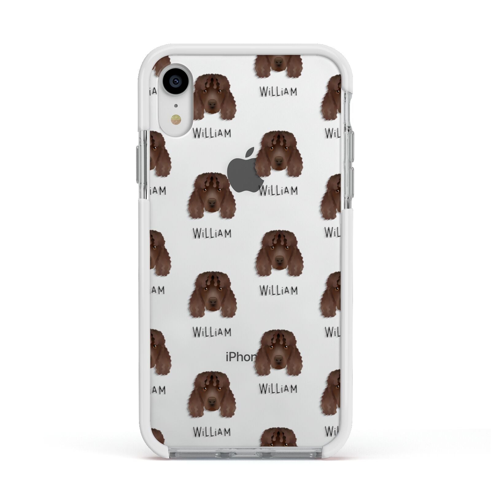 Irish Water Spaniel Icon with Name Apple iPhone XR Impact Case White Edge on Silver Phone