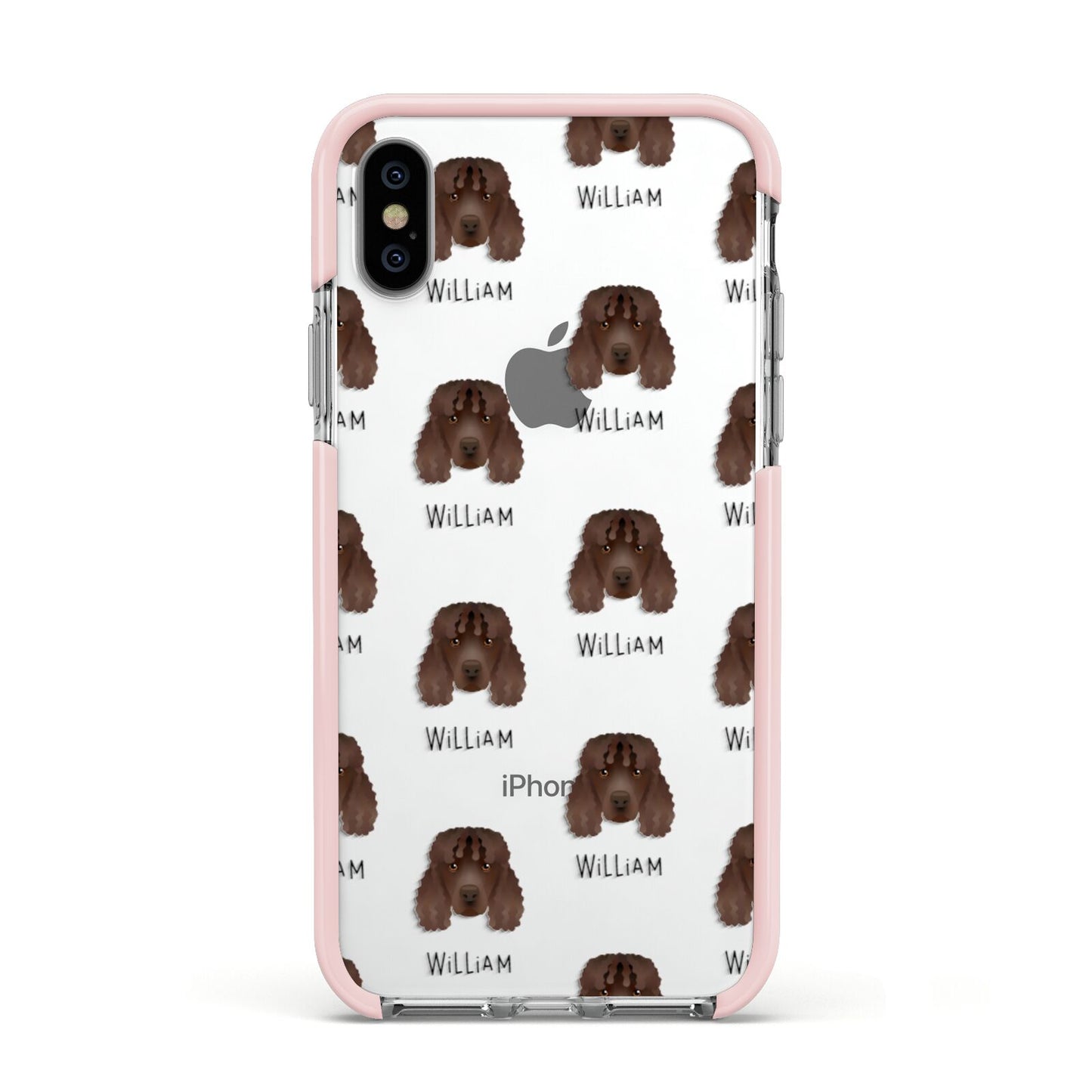 Irish Water Spaniel Icon with Name Apple iPhone Xs Impact Case Pink Edge on Silver Phone