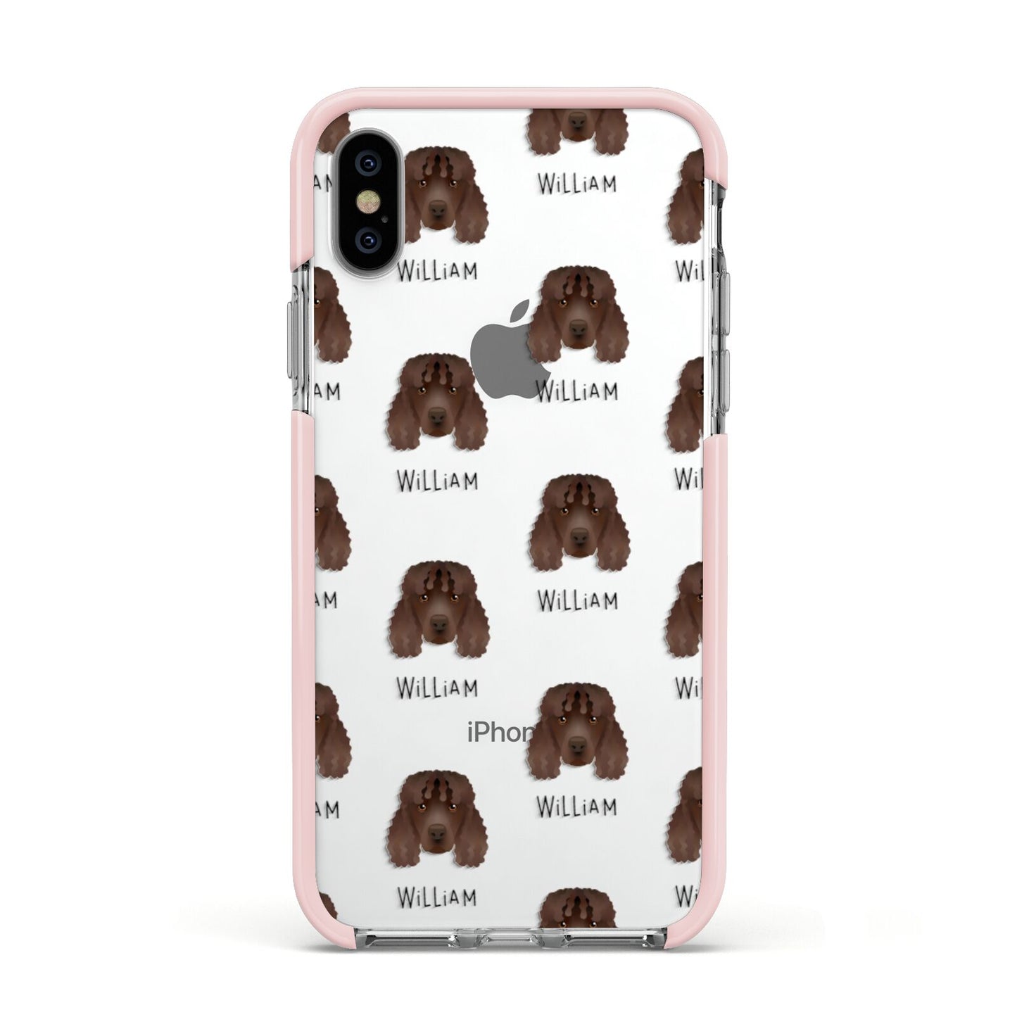 Irish Water Spaniel Icon with Name Apple iPhone Xs Impact Case Pink Edge on Silver Phone