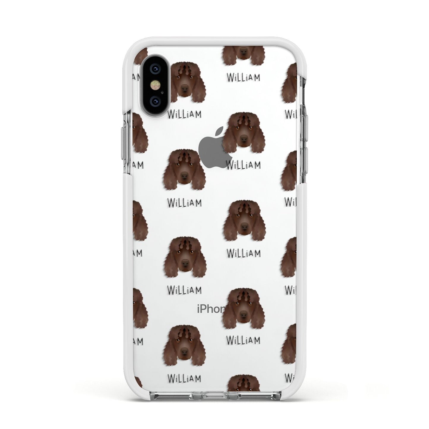 Irish Water Spaniel Icon with Name Apple iPhone Xs Impact Case White Edge on Silver Phone
