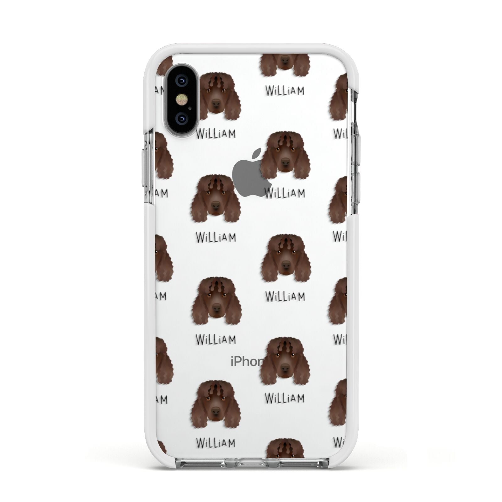 Irish Water Spaniel Icon with Name Apple iPhone Xs Impact Case White Edge on Silver Phone