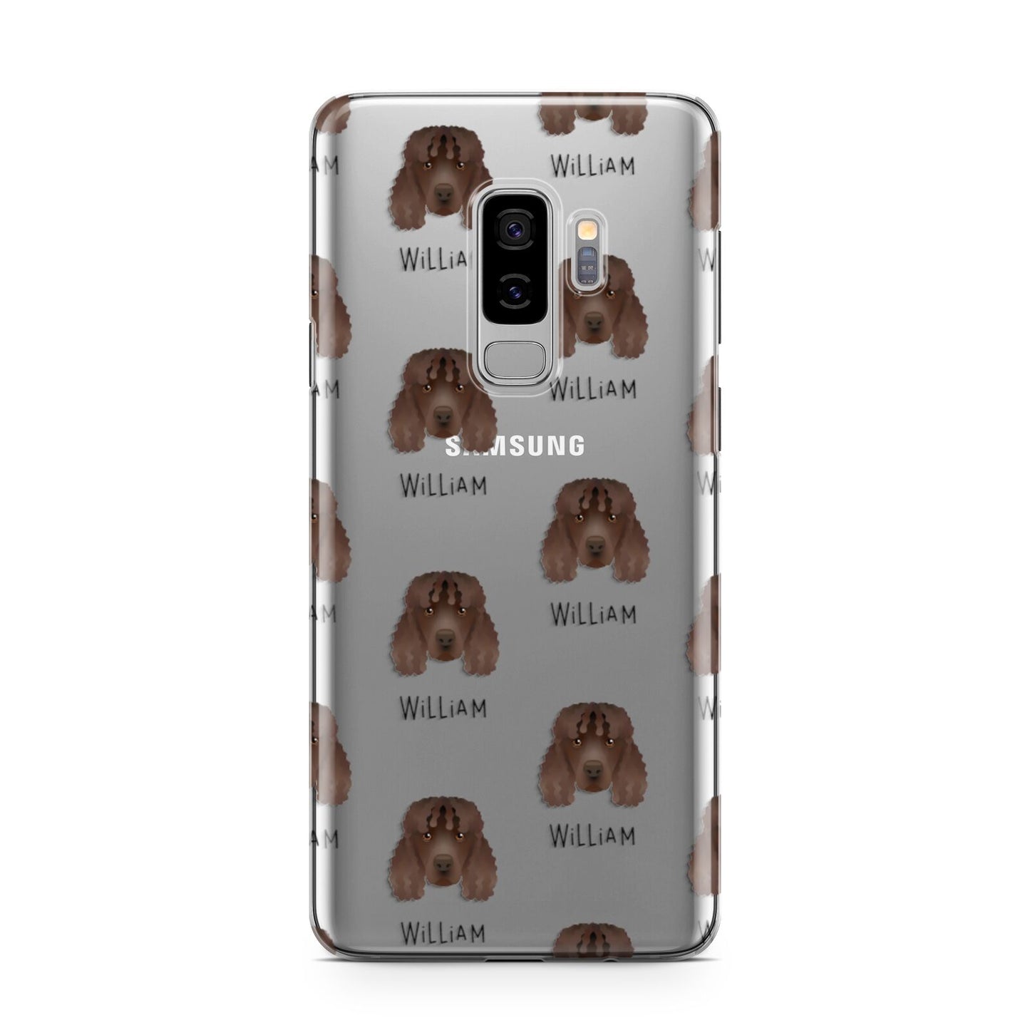 Irish Water Spaniel Icon with Name Samsung Galaxy S9 Plus Case on Silver phone