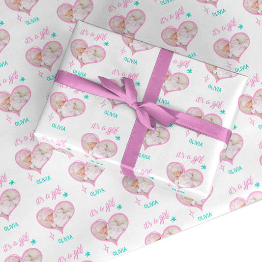 It s a Girl Photo Heart Custom Wrapping Paper