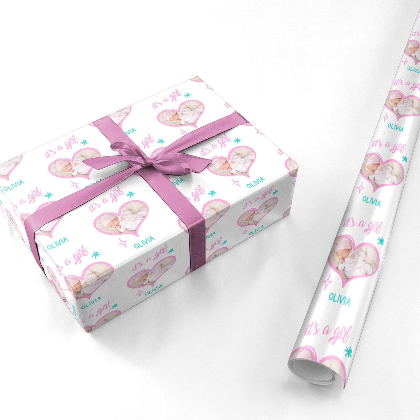 It s a Girl Photo Heart Personalised Wrapping Paper