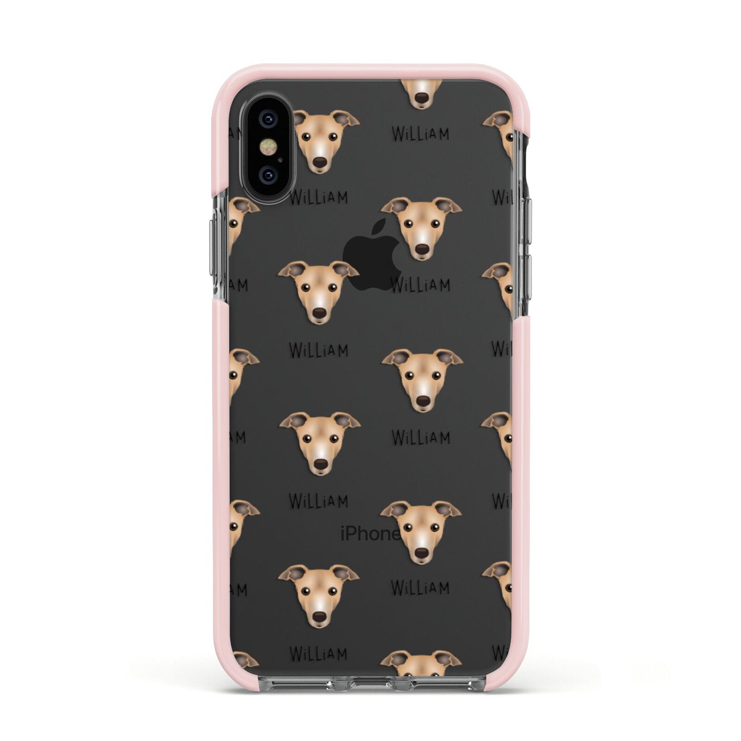 Italian Greyhound Icon with Name Apple iPhone Xs Impact Case Pink Edge on Black Phone