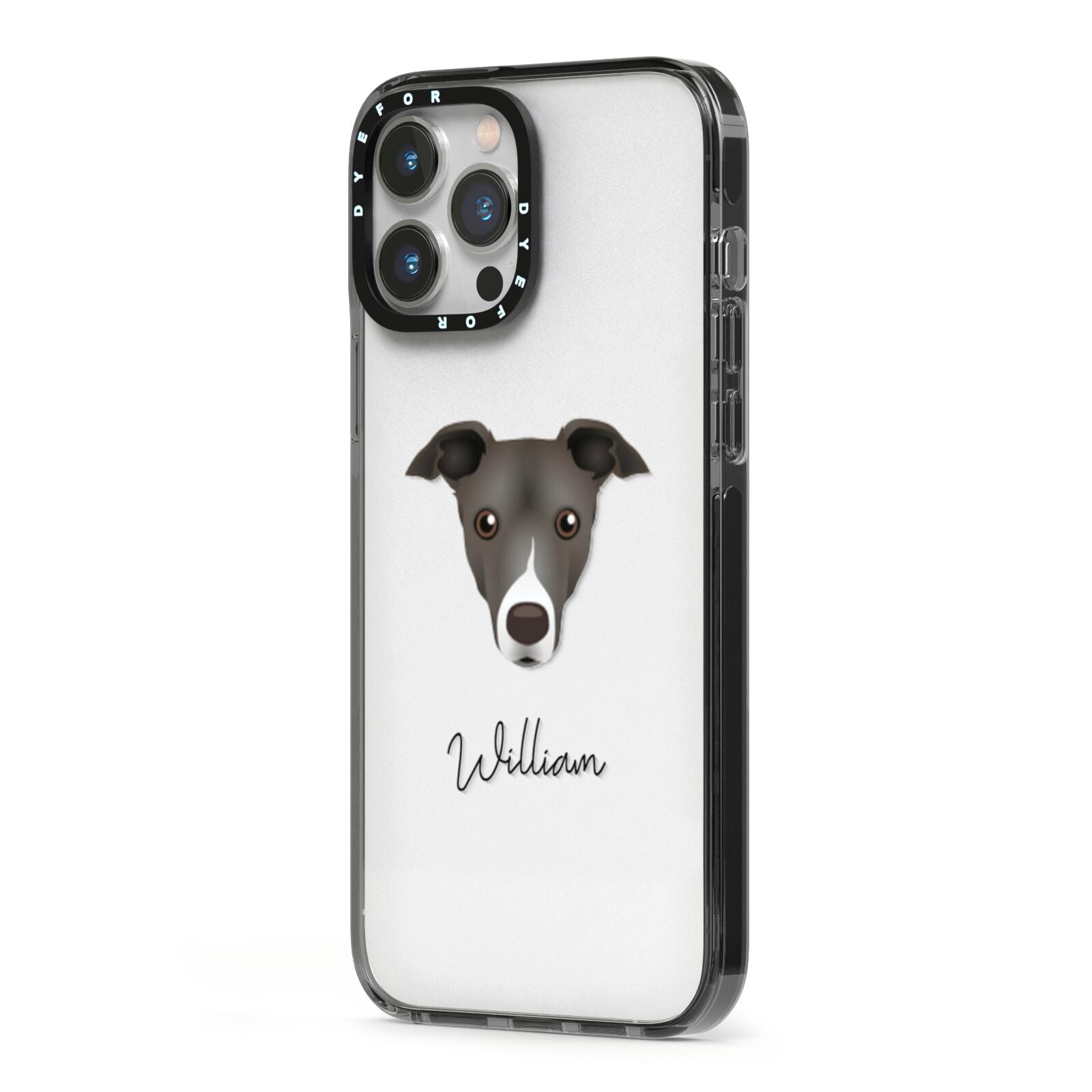 Italian Greyhound Personalised iPhone 13 Pro Max Black Impact Case Side Angle on Silver phone