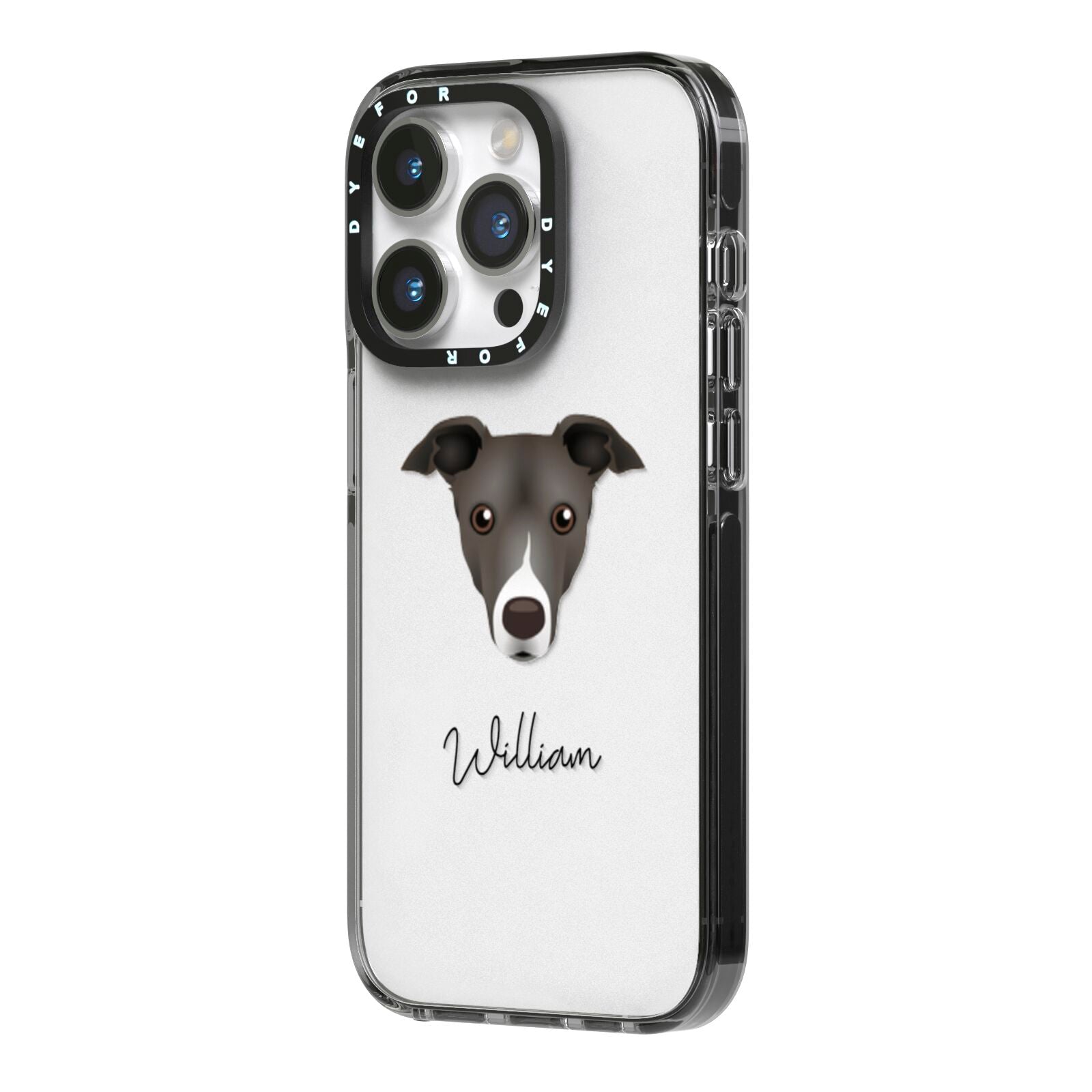 Italian Greyhound Personalised iPhone 14 Pro Black Impact Case Side Angle on Silver phone
