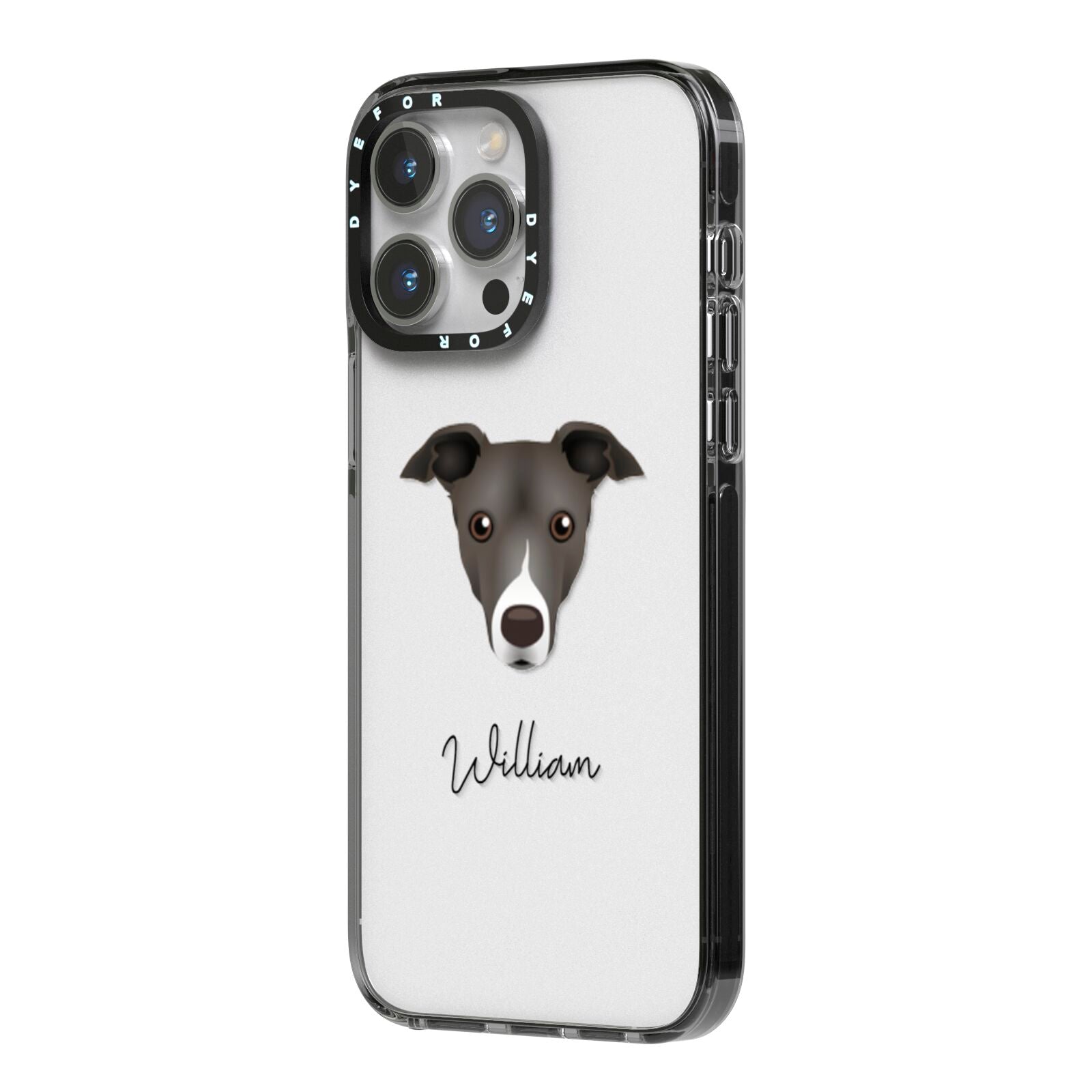 Italian Greyhound Personalised iPhone 14 Pro Max Black Impact Case Side Angle on Silver phone
