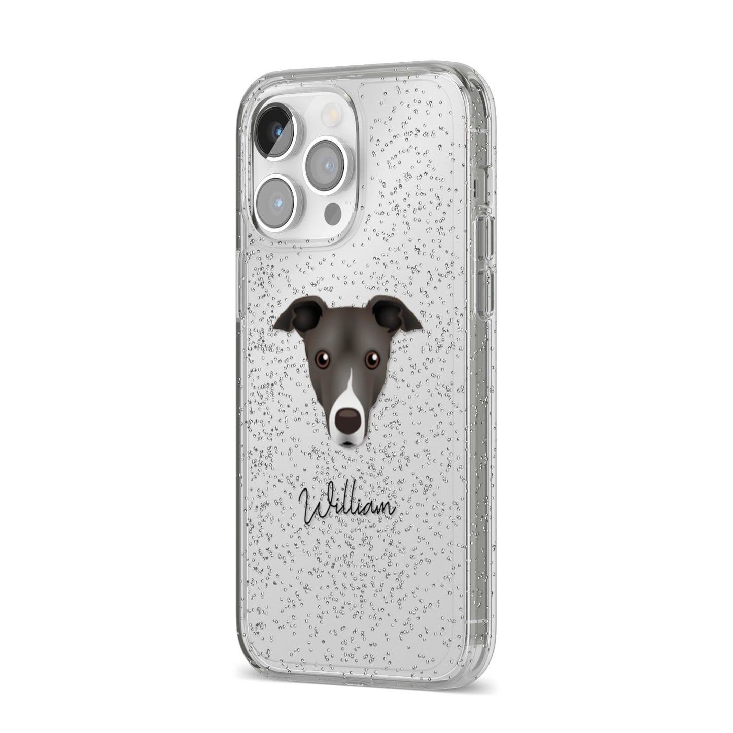 Italian Greyhound Personalised iPhone 14 Pro Max Glitter Tough Case Silver Angled Image