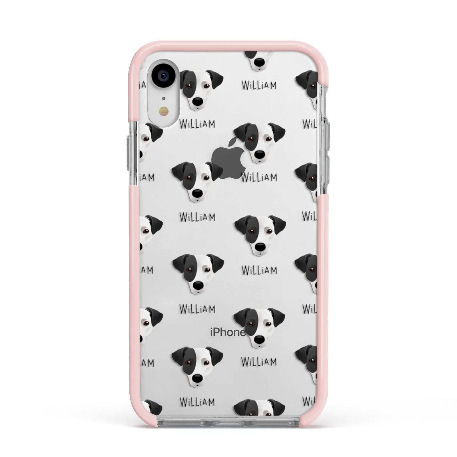 Jack Russell Terrier Icon with Name Apple iPhone XR Impact Case Pink Edge on Silver Phone