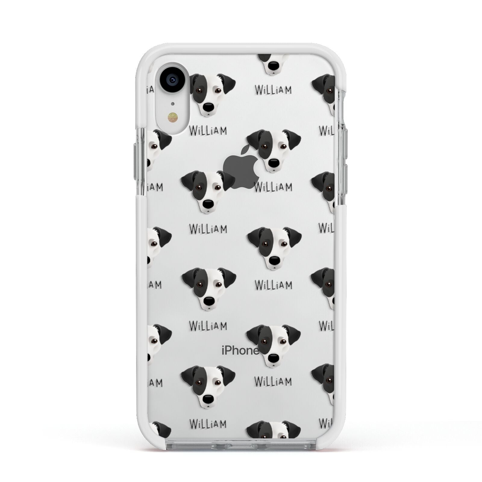 Jack Russell Terrier Icon with Name Apple iPhone XR Impact Case White Edge on Silver Phone