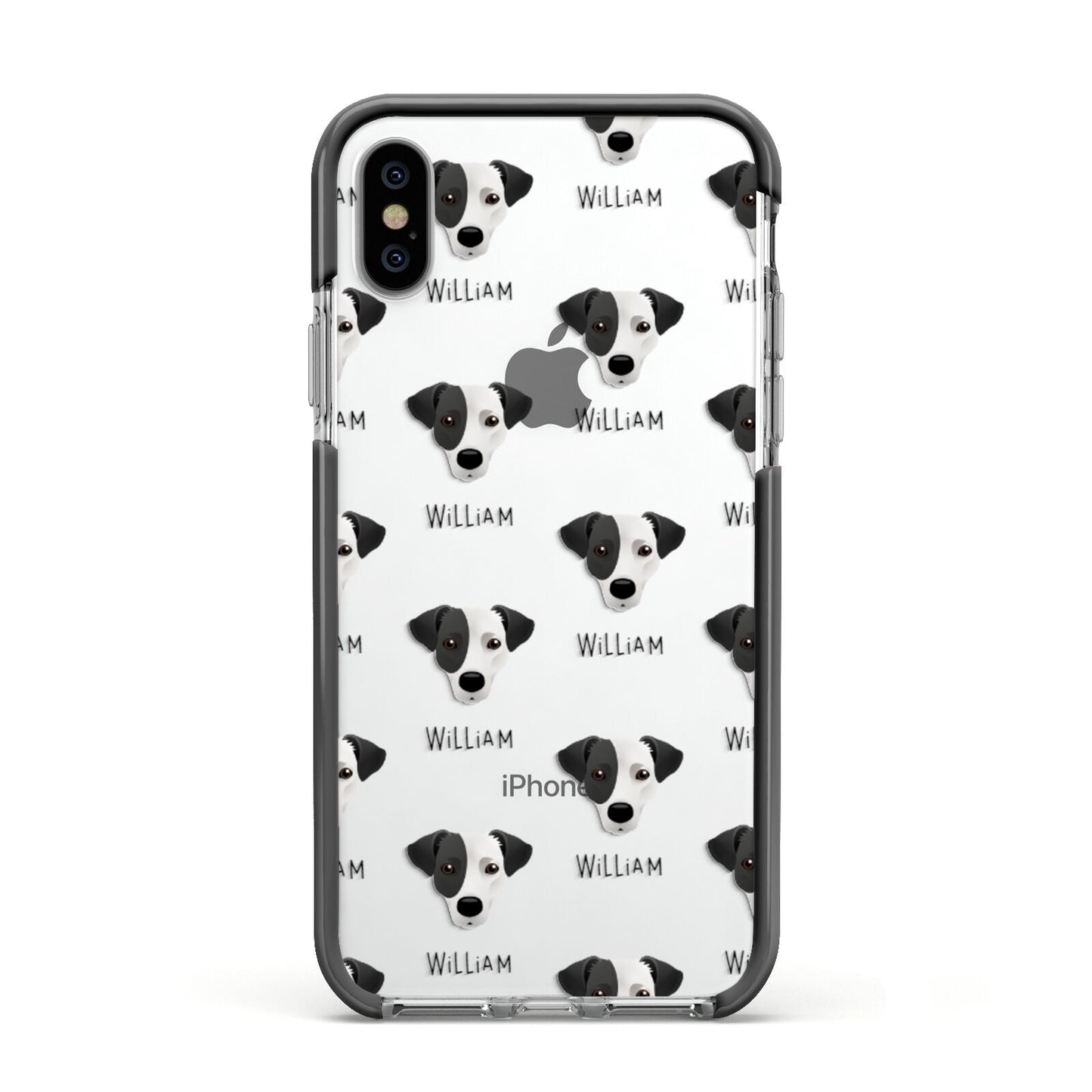 Jack Russell Terrier Icon with Name Apple iPhone Xs Impact Case Black Edge on Silver Phone